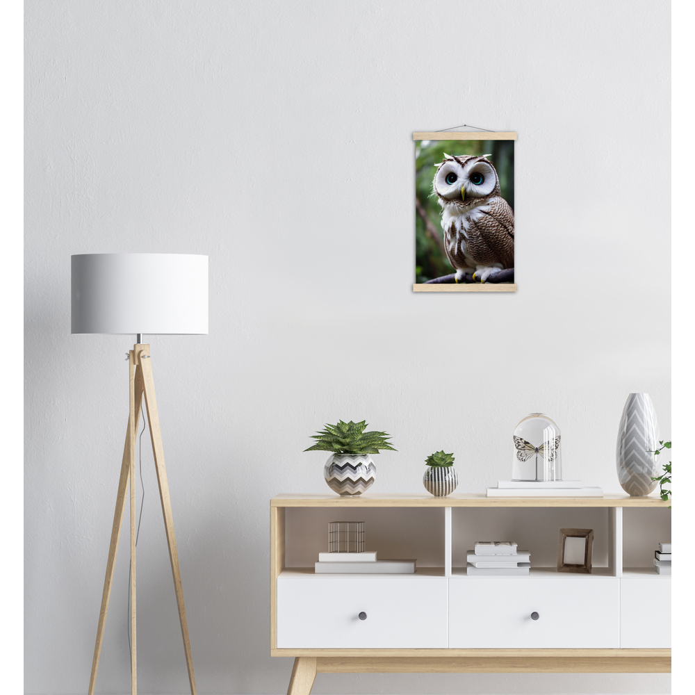 Poster mit Leisten (Holz) - Fruit Owl No.6 - "Cornelius", the coconut owl - Wandkunst - Museumsqualität - Kunstdruck - Kokusnuseule - Kokosnuss-Uhu (lat. bubo vaccinium)  - Acryldruck - Fruchteulen - coconut owl - Vogel - Uhu - Bird - Strigiformes - Noctua - Ornithologie - Kunstwerk  - Office Poster - Poster mit Rahmen - Kaffee Tasse - Poster mit Leisten - Bedruckte Tassen - Kunst Marke - Art Brand - Wandbild - Kunstdrucke - Papier: 250g/qm - Künstler: John Grayst & Pixelboys - Eulen - Owl - Geschenkidee - 