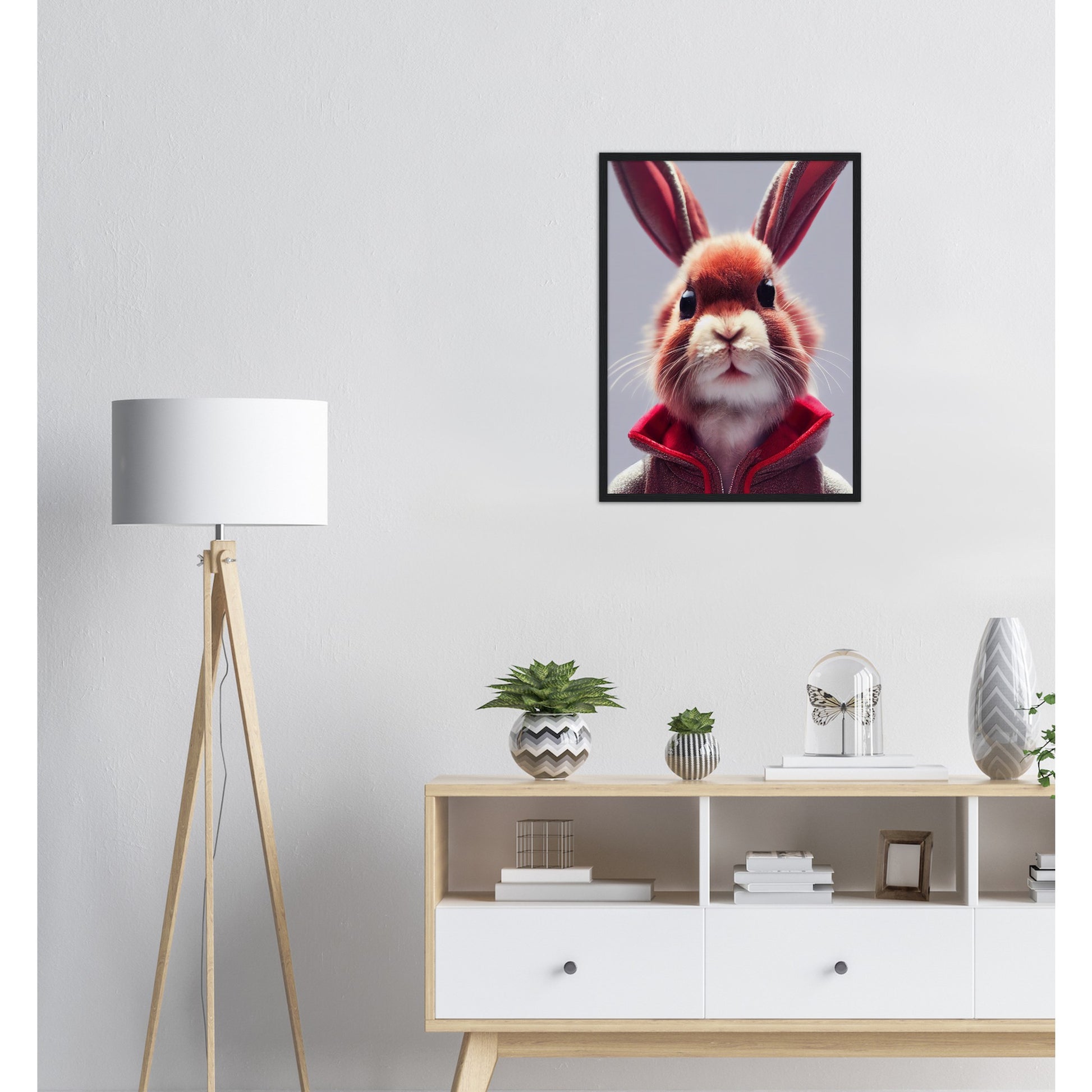 Poster mit Rahmen (Holz)- Museumsqualität - Bunny in grey red tracksuit - "Julius" - personalized mug - customized mug - Cute rabbit - Marke:- Pixelboys - Brand - Art Prints - Marke - Wandkunst - Papierstärke: 250g/qm - Wall Art - Bunny crey - Skater Betty - Hasen Gang - Original - Künstler:Pixelboys - Poster with frame - Office Poster - Trend - Wandschmuck - Atelier USA - 