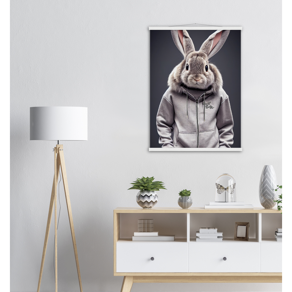 Poster mit Leisten (Holz) - Bunny in grey Tracksuit - "Titus" - Fashion Gang - Wandbild - Ostern - Geschenkidee - Osterhase - Bunny Crew: "Titus" - "Caesar" - "Constantin" - "Cleo" - Weisser Hase - Easter Bunny - Cute - grey tracksuit - sweats - Alice's Adventures in Wonderland - Modemarke - Pixelboys Brand - Constantin der Hase - Hase - Kaninchen  - Künstler: "Pixelboys" - Atelier - Germany - Berlin - Hamburg - Colgne - France - Paris - Italy - Rom - USA - America - New York City - Los Angeles - Chicago - 