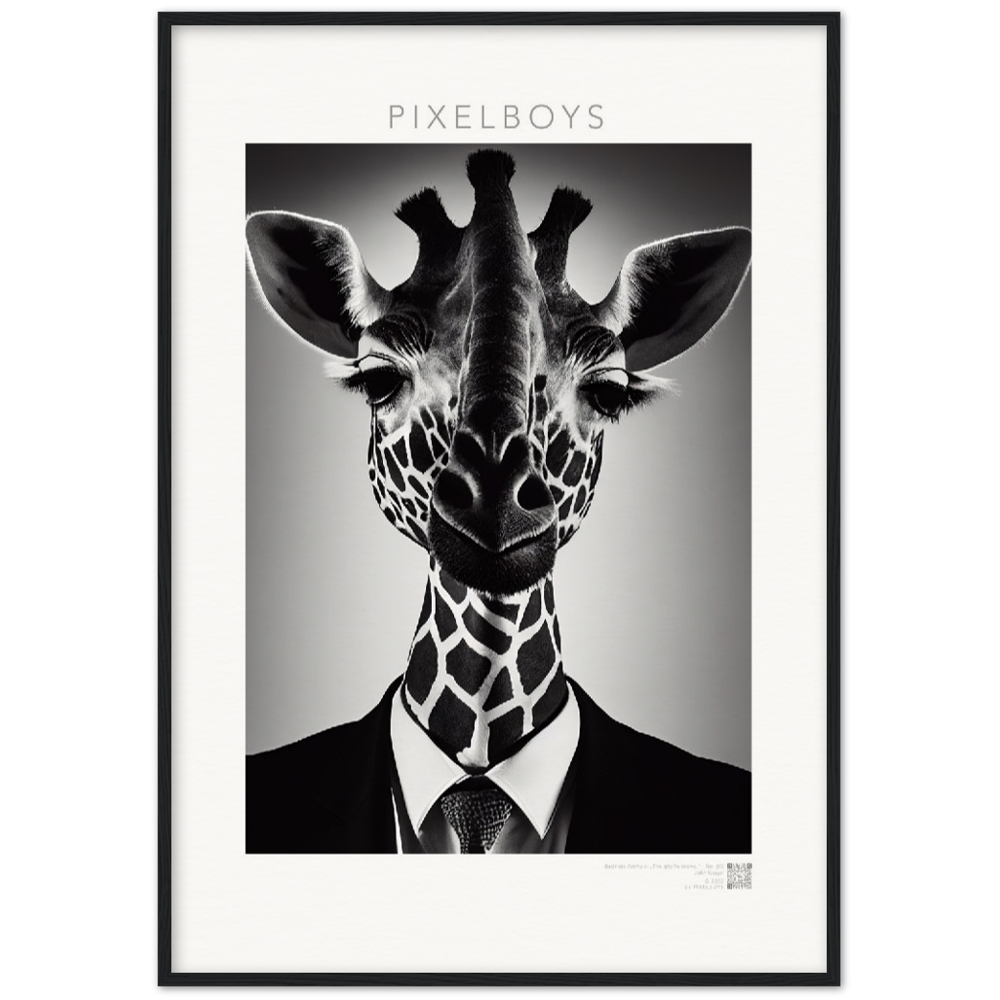 Poster mit Rahmen (Holz) - "The giraffe knows" - Business Animals No. 2 "Bridget" - Künstler: "John Grayst" Kunstdruck - Wandbild - Pixelboys - Atelier - Milano - Berlin - Munich - Madrid - New York - Dubai - Paris - Tokio - Rom - Lisbon - Ottawa - Bern Switzerland - Amsterdam - Seoul - Vancouver - Antwerpen -