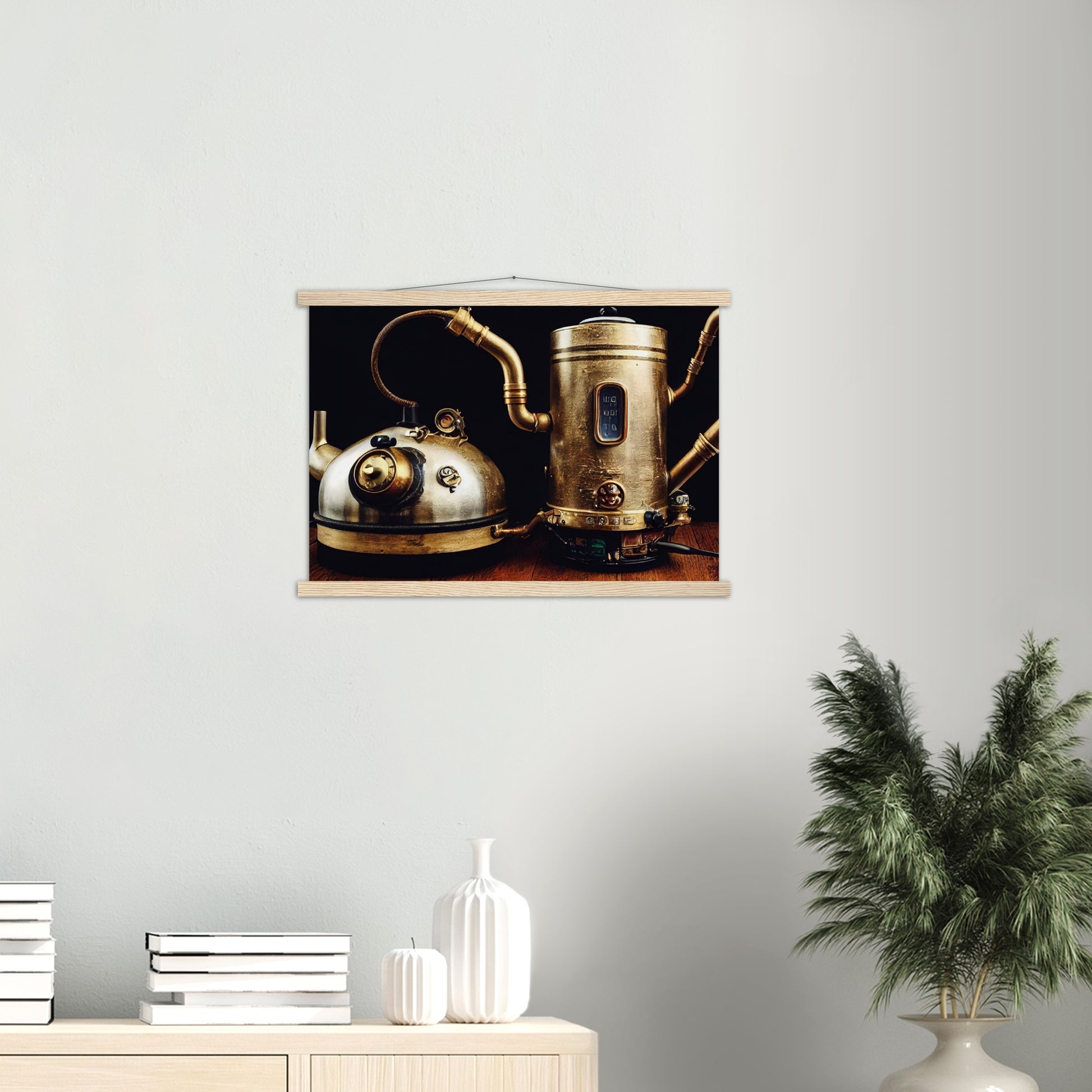 Poster mit Leisten (Holz) in Museumsqualität - Steampunk - Coffee Maker - No.3 - Collection Cup - Pixelboys - Wandbild - Kunstwerk - Hotelkunst - Kunst auf Postern - Fine Art - Steampunk - Future - Maschine - Poster with frame - Office Poster - Art Brand - Pixelboys - Coffee House - Restaurant Poster - Wall Art - Kunstdruck - Geschenkidee - Kunst auf Acrylglas - Future Coffee Cup - Personalisierbare Tasse - Gastro Tasse - exklusiv - Gastronomie Poster - Hotelposter - Steam Punk Kitchen - 