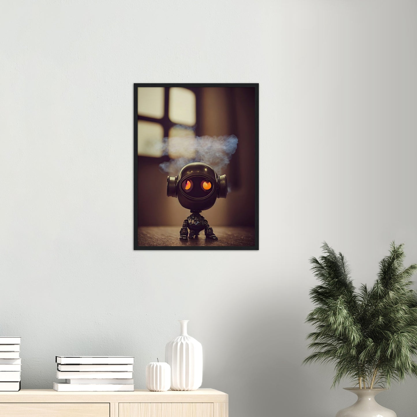 Poster mit Rahmen (Holz) - in Museumsqualität - Tiny robot - with smoke around his head - "Tiny Tim" - Wandbild - Customizable Coffee Cup - Personalized Gifts - Kunstdruck - Rauchender Roboter - Steampunk - Acryldruck - Smoking Robots - Personalized Gifts - Poster with frame - nr.5 lebt - zukunft - Kunstwerk - Office Poster - Poster mit Rahmen - Kaffee Tasse  - Bedruckte Tassen - Kunst Marke - Art Brand - Wandbild - Kunstdrucke - Künstler: John Grayst & Pixelboys - emotional robots - Geschenkidee -