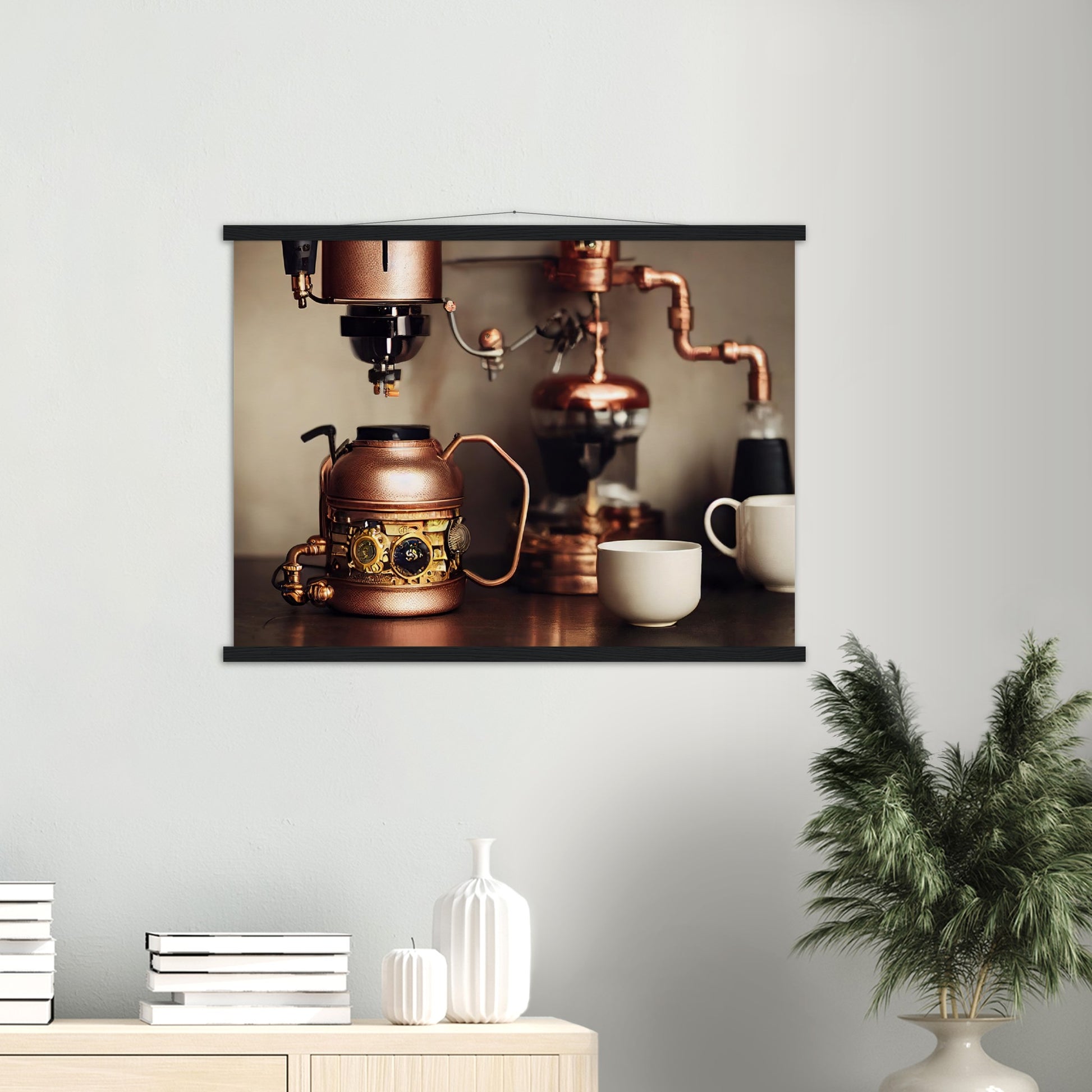 Poster mit Leisten (Holz) - in Museumsqualität - Steampunk - Coffee Maker - No.1 - Wandbild - Kunstwerk - Kunst auf Postern - Fine Art - Steampunk - Future - Maschine - Poster with frame - Office Poster - Art Brand - Pixelboys - Coffee House - Restaurant Poster - Schöner Wohnen - Dekoration - Wall Art - Kunstdruck - Geschenkidee - Kunst auf Acrylglas - Personalisierbare Tasse - Gastro Poster - Gewerbliche Poster - exklusiv