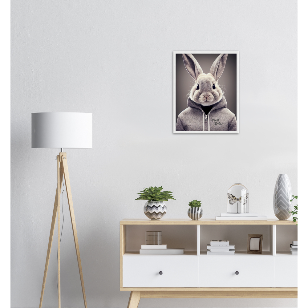 Poster mit Rahmen (Holz) - Bunny in grey Hoodie - "Constantin" - Fashion Gang - Wandbild - Ostern - Geschenkidee - Osterhase - Bunny Crew: "Constantin" - "Caesar" - "Titus" - "Cleo" - Weisser Hase - Easter Bunny - Cute - grey Hoodie - sweats - Alice's Adventures in Wonderland - Modemarke - Pixelboys Brand - Constantin der Hase - Hase - Kaninchen  - Künstler: "Pixelboys" - Atelier - Germany - Berlin - Hamburg - Colgne - France - Paris - Italy - Rom - USA - America - New York City - Los Angeles - Chicago - 