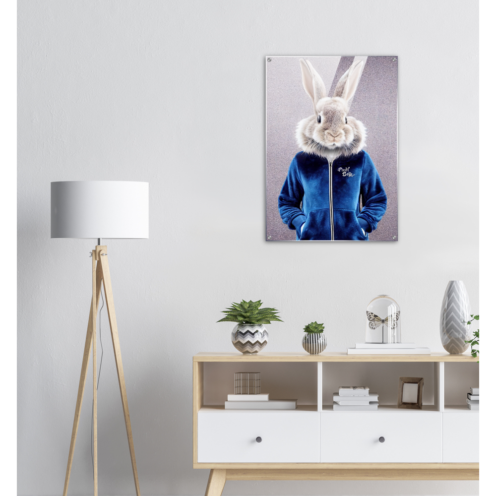 Acrylbild - Bunny in blue Tracksuit - "Caesar" - Fashion - Gang - Wandbild - Acryldruck - Ostern - Geschenkidee - Osterhase - Bunny Crew: "Caesar" - "Constantin" - "Titus" - "Cleo" - Weisser Hase - Easter Bunny - Cute - blue Tracksuit - sweats - Gang - Modemarke -Pixelboys Brand - Caesar der Hase - Meister Lampe - Hase - Kaninchen - Karnickel - Künstler: "Pixelboys" - Atelier - Germany - Berlin - Hamburg - Colgne - France - Paris - Italy - Rom - USA - America - New York City - Los Angeles - Chicago - 