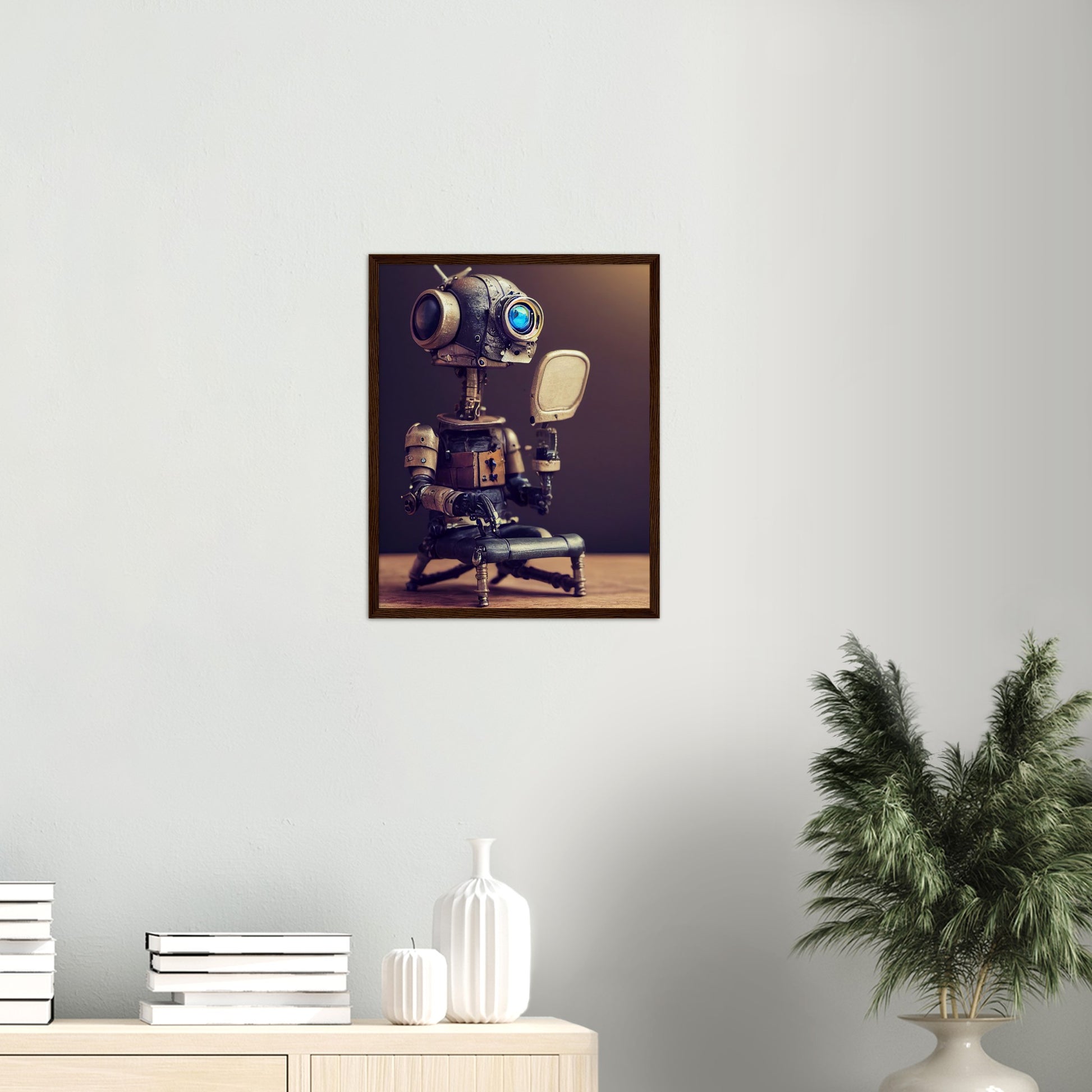 Poster mit Rahmen (Holz) in Museumsqualität - Tiny robot with a mirror - Hitoshi 人 - Wall Art - Spiegel - Acryldruck - Wandkunst - Customizable Coffee Cup - Personalized Gifts - Kunstdruck - Kleine Roboter - Acryldruck - Little Robots - Personalized Gifts - Tiny  - Steampunk - zukunft - Poster with frame - Kunstwerk - Office Poster - Poster mit Rahmen - Kaffee Tasse - Poster - Bedruckte Tassen - Kunst Marke - Art Brand - Kunstdrucke - Künstler: John Grayst & Pixelboys - emotional robots - Geschenkidee - 