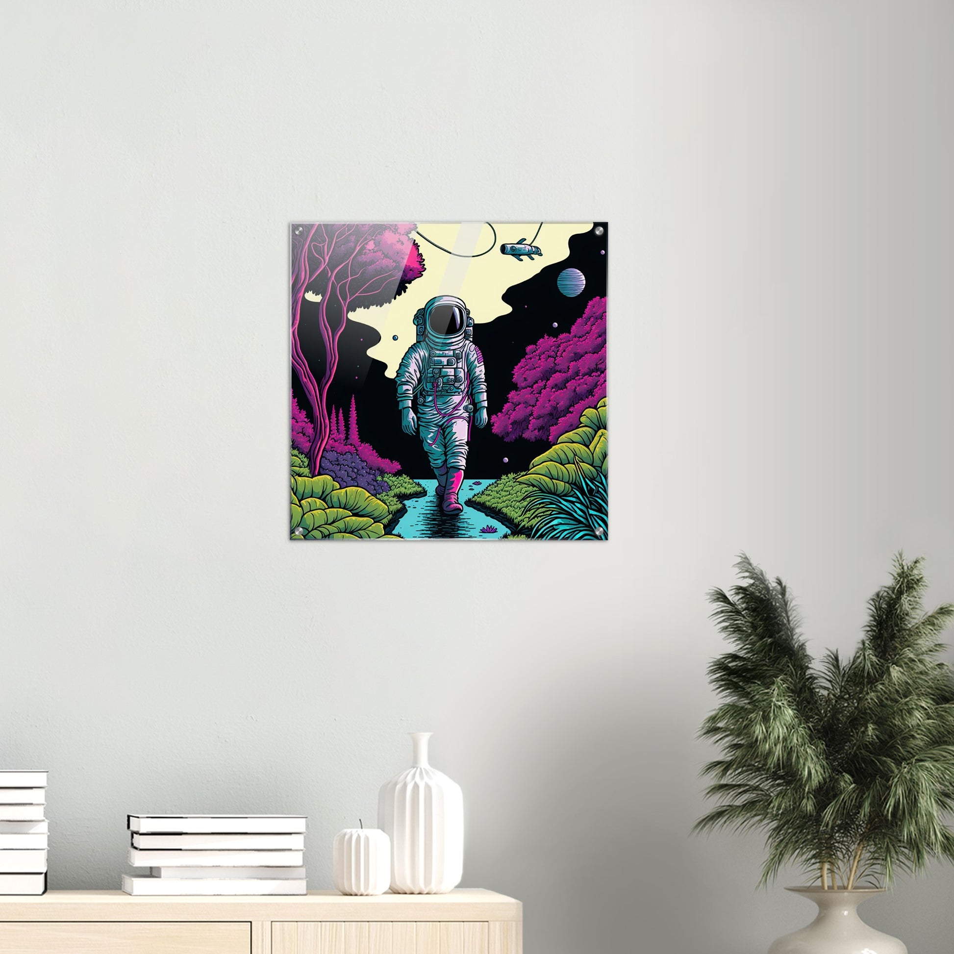 Acrylbild auf Glas in Museumsqualität - Wandering Astronaut - Stephen - Illustration - Astronaut - Panorama - Rocketman - Posterleisten - USA - Fineart - Posterrahmen  - Wandkunst - Holzrahmen - Poster with frame - artwork - art brand - printed cup personalized - Holzleisten - pixelboys - Kunstdrucke - wandbilder - wall art - Kunst auf Tassen  - Office Poster - Gastrotassen - Wanddekoration - Acrylkunst - Geschenkidee - Office Poster - Acryldruck - Abstrakte Kunst -