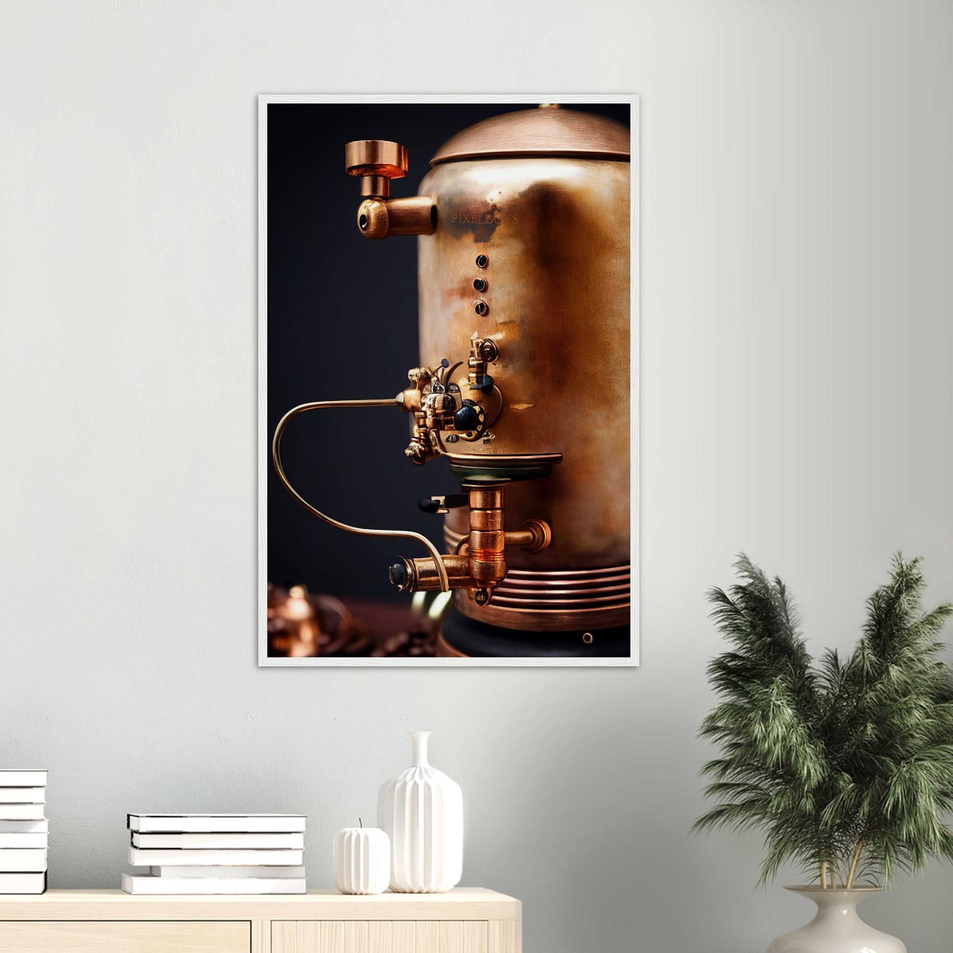  Poster mit Rahmen (Holz) - Steampunk - Coffee Maker - No.5 - Collection Cup - Pixelboys - Wandbild - Kunstwerk - Hotelkunst - Kunst auf Postern - Fine Art - Steampunk - Future - Maschine - Poster with frame - Office Poster - Art Brand - Pixelboys - Coffee House - Restaurant Poster - Wall Art - Kunstdruck - Geschenkidee - Kunst auf Acrylglas - Future Coffee Cup - Personalisierbare Tasse - Gastro Tasse - exklusiv - Acryldruck - Gastronomie Poster - Hotelposter - Steam Punk Kitchen -   