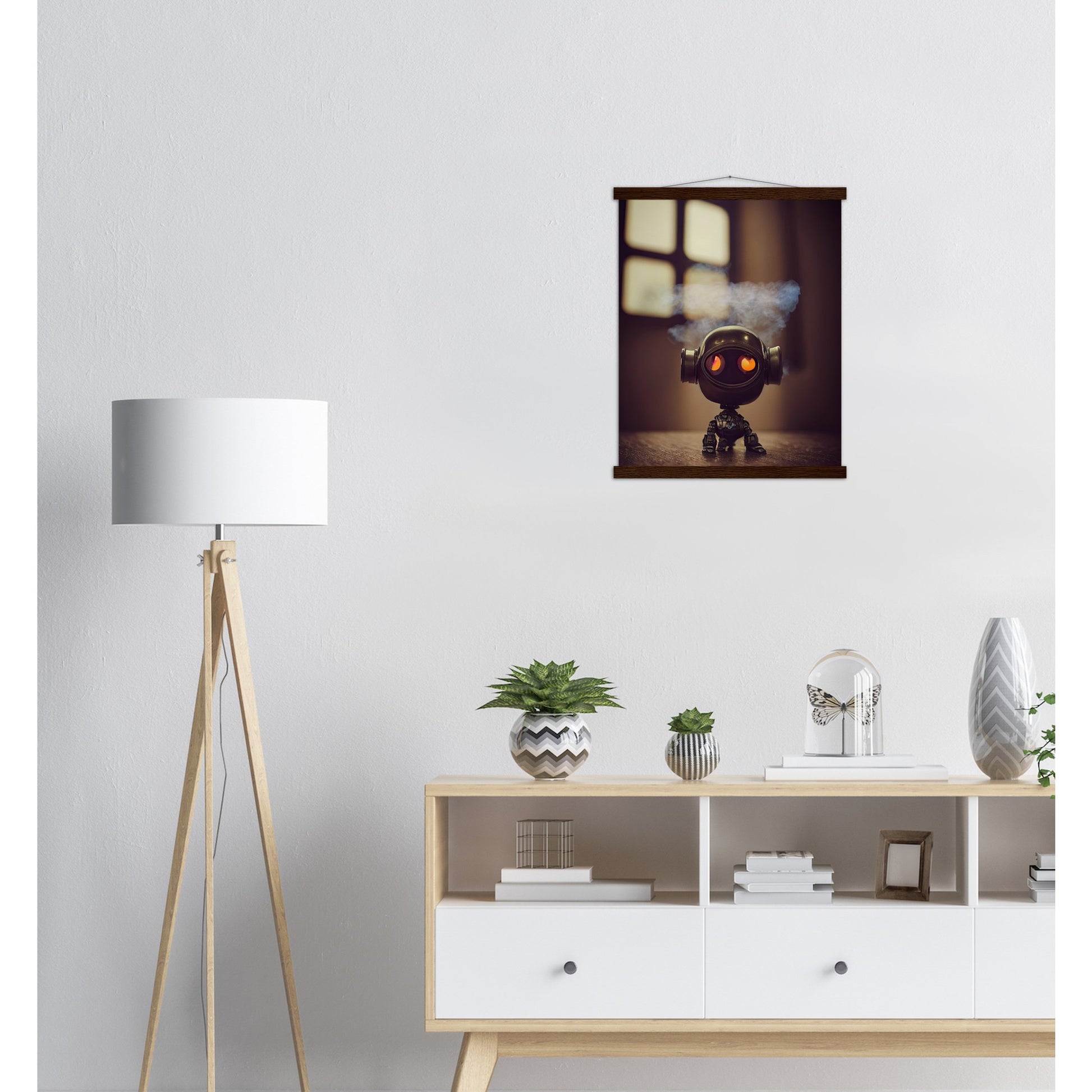 Poster mit Leisten (Holz) in Museumsqualität - Tiny robot - with smoke around his head - "Tiny Tim" - Wandbild - Customizable Coffee Cup - Personalized Gifts - Kunstdruck - Rauchender Roboter - Steampunk - Acryldruck - Smoking Robots - Personalized Gifts - Poster with frame - Wall Art - - zukunft - Kunstwerk - Office Poster - Poster mit Rahmen - Kaffee Tasse  - Bedruckte Tassen - Kunst Marke - Art Brand - Wandbild - Kunstdrucke - Künstler: John Grayst & Pixelboys - emotional robots - Geschenkidee 