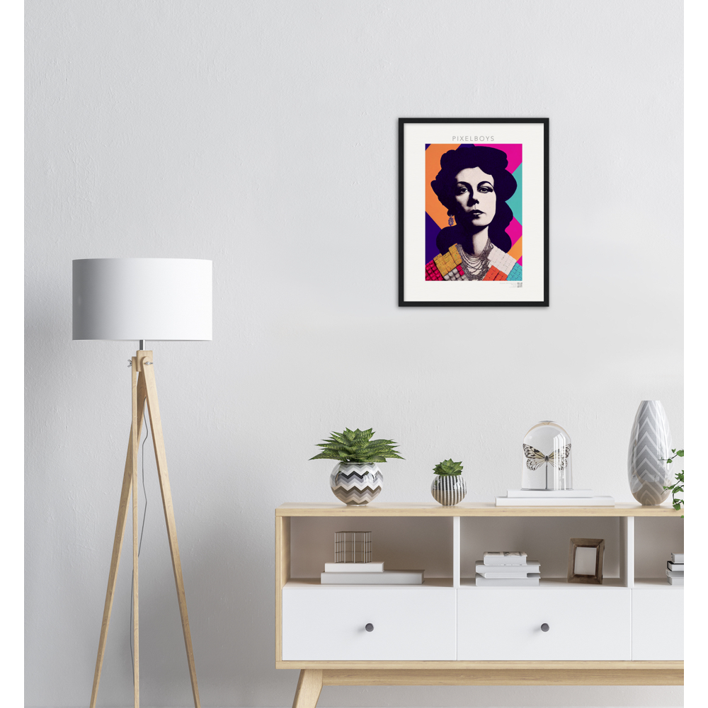 Poster mit Rahmen (Holz) - in Museumsqualität - The Queen No.3 - HRH in cubes - Kunstdruck - 250g/qm - Queen Elisabeth II - Monarch - HRH - His/Her Royal Highness - Groß Britannien - Commonwealth - The Royal Family - Wandbild - Kubismus - synthetischen Kubismus - Georges Braque - Künstler: "John Grayst" - Atelier - UK - GB - London - 