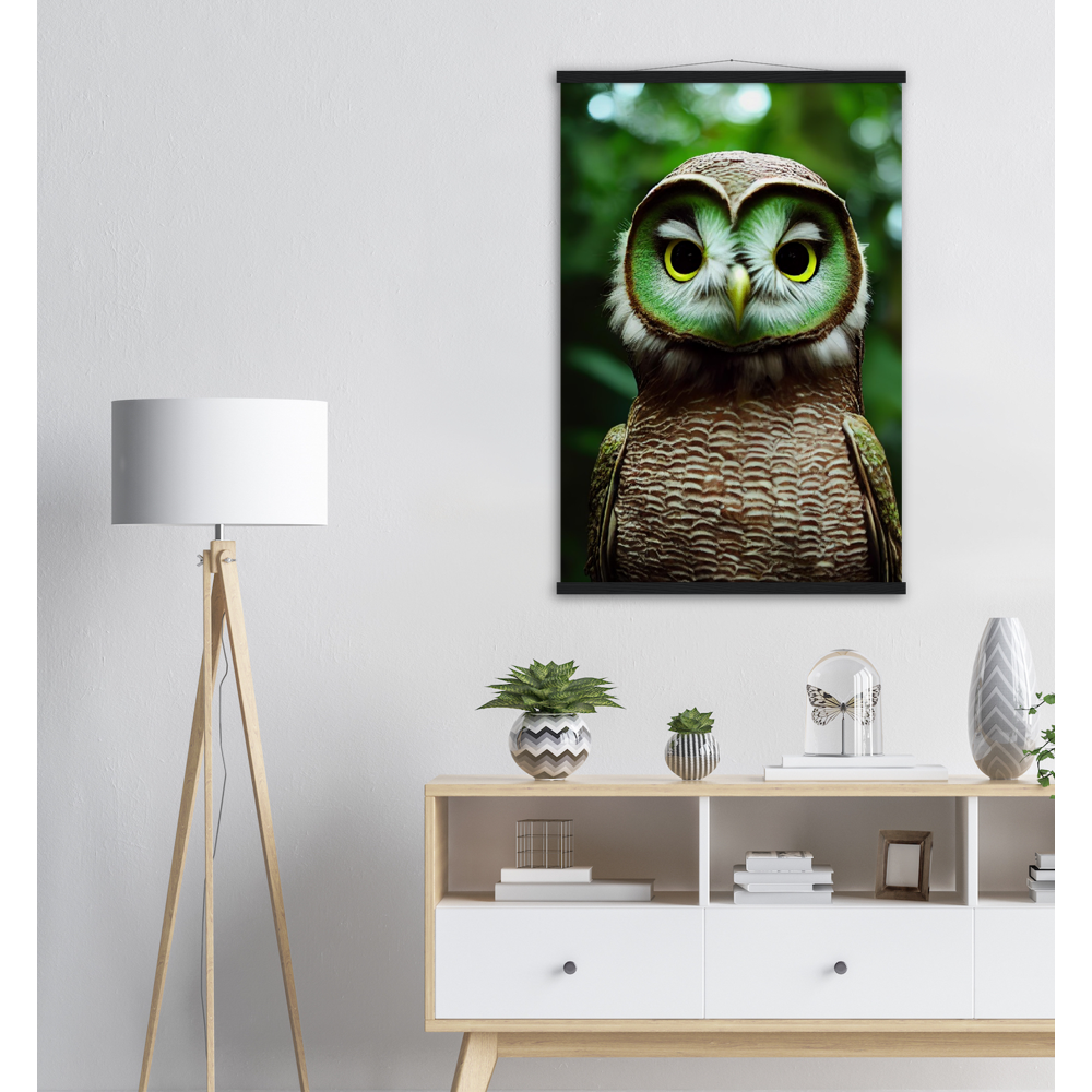 Poster mit Leisten (Holz) - Fruit Owl No. 4 - "Kiki", the Kiwi Owl - Wandkunst - Kunstdruck - (lat. tyto actinidia) - Kiwi Eule - Kiwi Owl - Fruchteulen - Vogel - Bird - Strigiformes - Noctua - Ornithologie - Kunstwerk  - Office Poster - Poster mit Rahmen - Kaffee Tasse - Poster mit Leisten - Bedruckte Tassen - Kunst Marke - Art Brand - Acryldruck - Wandbild - Kunstdrucke - Papier: 250g/qm - Künstler: John Grayst & Pixelboys - Eulen - Owl - Geschenkidee - 