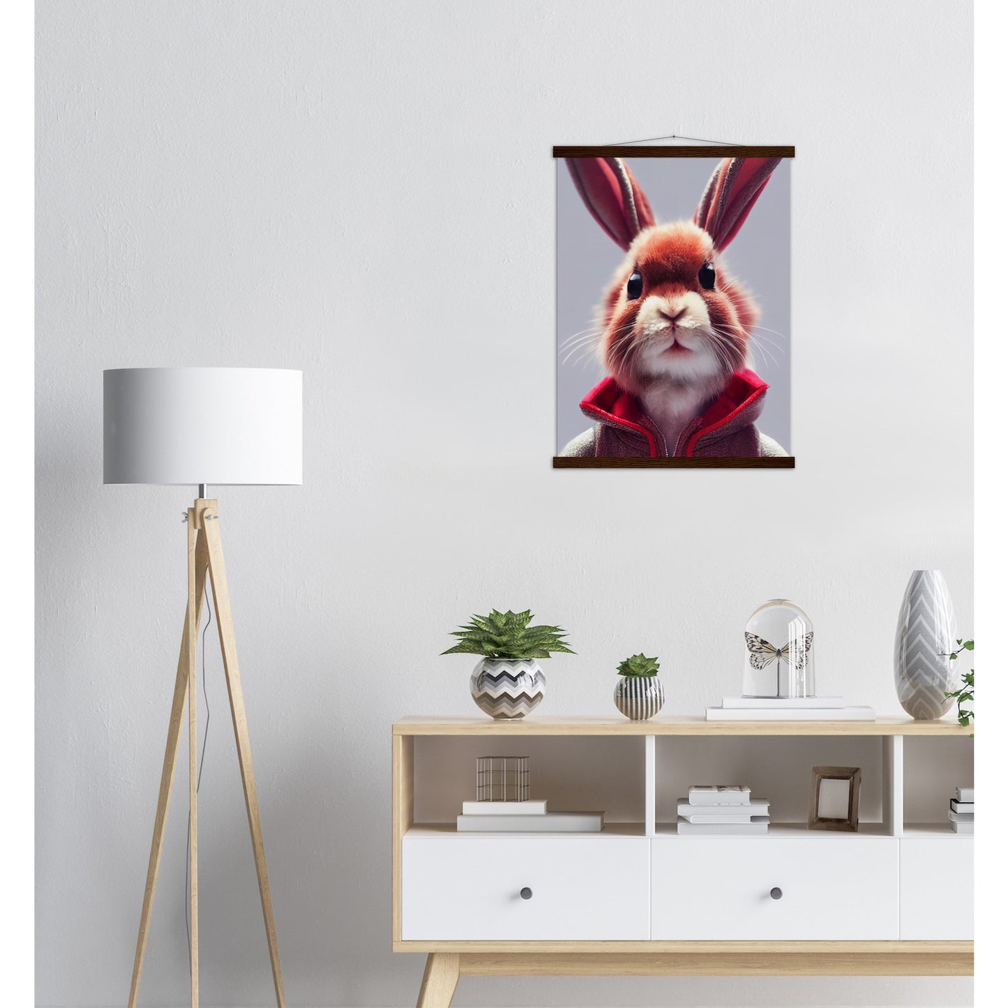 Poster mit Leisten (Holz)- Museumsqualität - Bunny in grey red tracksuit - "Julius" - personalized mug - customized mug - Cute rabbit - Marke:- Pixelboys - Brand - Art Prints - Marke - Wandkunst - Papierstärke: 250g/qm - Wall Art - Bunny crew - Skater Betty - Hasen Gang - Original - Künstler:Pixelboys - Poster with frame - Office Poster - Acrylkunst - Trend - Wandschmuck - Acrylbild - Atelier Canada - 