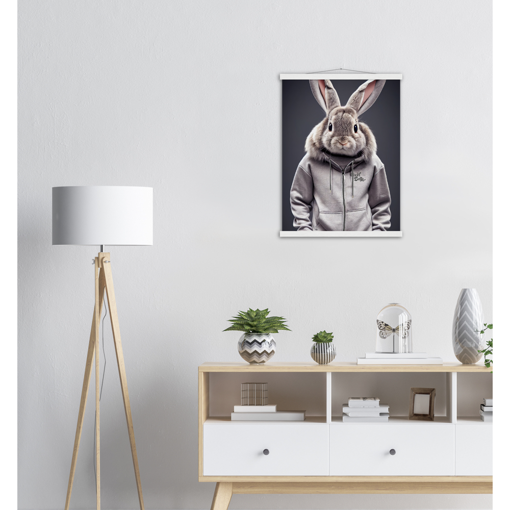 Poster mit Leisten (Holz) - Bunny in grey Tracksuit - "Titus" - Fashion Gang - Wandbild - Ostern - Geschenkidee - Osterhase - Bunny Crew: "Titus" - "Caesar" - "Constantin" - "Cleo" - Weisser Hase - Easter Bunny - Cute - grey tracksuit - sweats - Alice's Adventures in Wonderland - Modemarke - Pixelboys Brand - Constantin der Hase - Hase - Kaninchen  - Künstler: "Pixelboys" - Atelier - Germany - Berlin - Hamburg - Colgne - France - Paris - Italy - Rom - USA - America - New York City - Los Angeles - Chicago - 