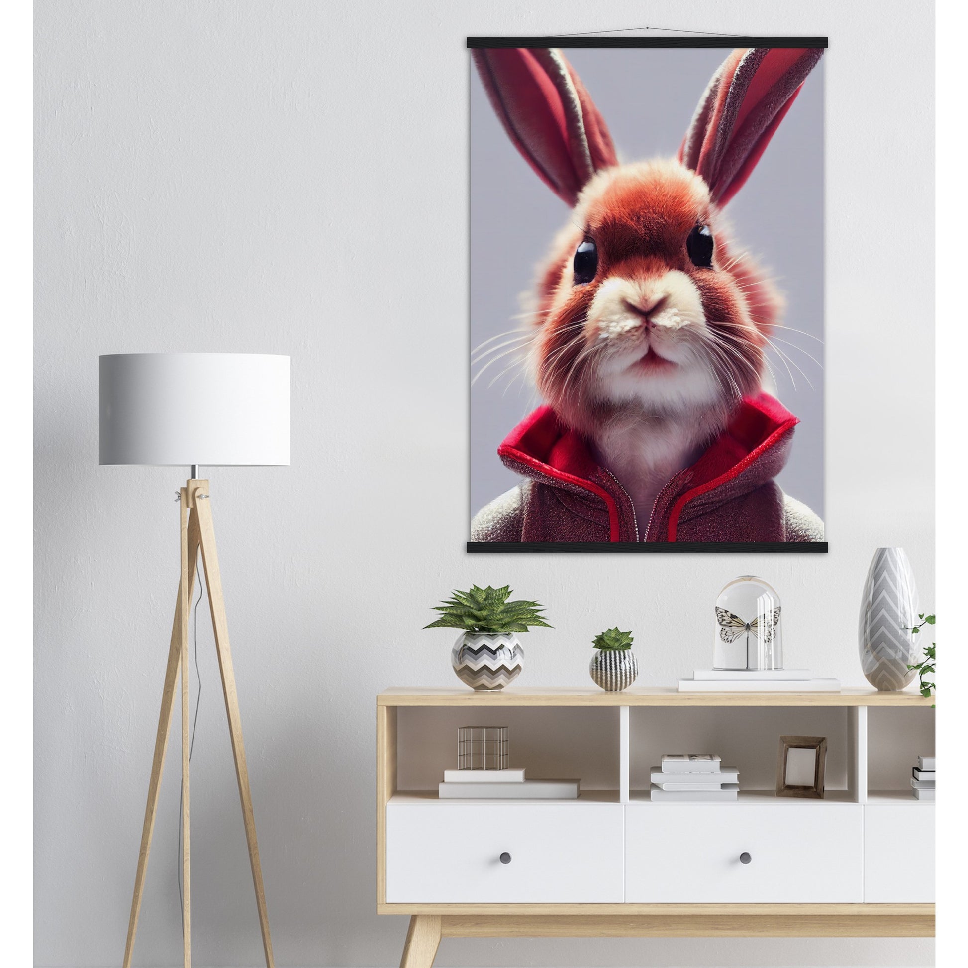 Poster mit Leisten (Holz)- Museumsqualität - Bunny in grey red tracksuit - "Julius" - personalized mug - customized mug - Cute rabbit - Marke:- Pixelboys - Brand - Art Prints - Marke - Wandkunst - Papierstärke: 250g/qm - Wall Art - Bunny crew - Skater Betty - Hasen Gang - Original - Künstler:Pixelboys - Poster with frame - Office Poster - Acrylkunst - Trend - Wandschmuck - Acrylbild - Atelier Canada - 