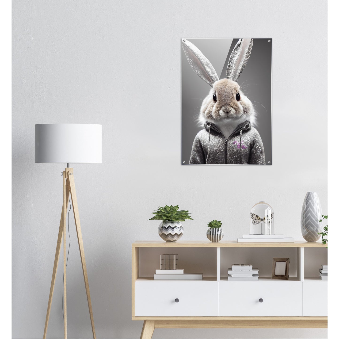 Acrylbild - in Museumsqualität - Bunny in grey tracksuit - "Cleo" - Cute - Marke:Pixelboys - Brand - Art Prints - Marke - Wandkunst - Papierstärke: 250g/qm - Wall Art - Bunny crey - Skater Betty - Hasen Gang - Original - Künstler:Pixelboys - Poster with frame - Office Poster - Trend - Wandschmuck - Atelier USA - 