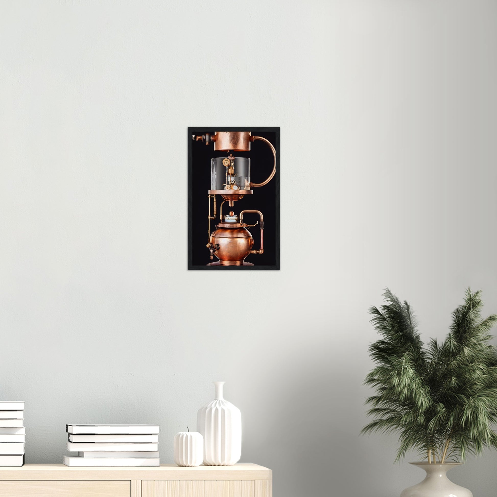 Poster mit Rahmen (Holz) - Steampunk - Coffee Maker - No.6 - Collection Cup - Pixelboys - Wandbild - Kunstwerk - Hotelkunst - Kunst auf Postern - Fine Art - Steampunk - Future - Maschine - Poster with frame - Office Poster - Art Brand - Pixelboys - Coffee House - Restaurant Poster - Wall Art - Kunstdruck - Geschenkidee - Kunst auf Acrylglas - Future Coffee Cup - Personalisierbare Tasse - Gastro Tasse - exklusiv - Acryldruck - Gastronomie Poster - Hotelposter - Teestube - Steam Punk Kitchen -   