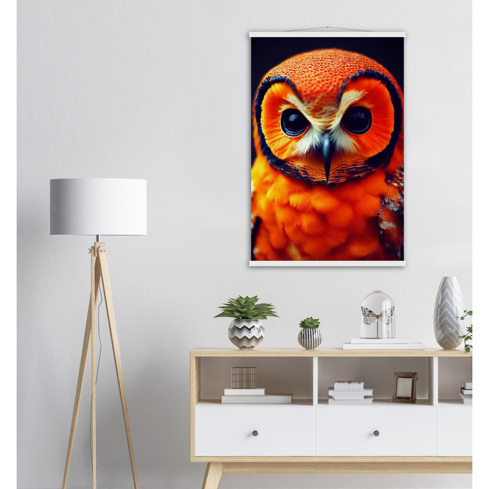 Poster mit Leisten (Holz) - Fruit Owl No. 1 - "Orangina", the orange owl - Serie Fruit Owls - Schleiereulen - lat. Tytonidae - Fruchteulen - Vogel - Bird - Strigiformes - Noctua - Ornithologie - Kunstwerk - Acryldruck - Poster mit Rahmen - Poster mit Leisten - Bedruckte Tassen - Kunst Marke - Art Brand - Pixelboys - Kunstdruck - Acrylbild - Wandbild - Kunstdrucke - Papier: 250g/qm - Künstler: John Grayst & Pixelboys - Eulen - Owl-  - Atelier - England - London - Birmingham - Manchester - Leeds - Liverpool  