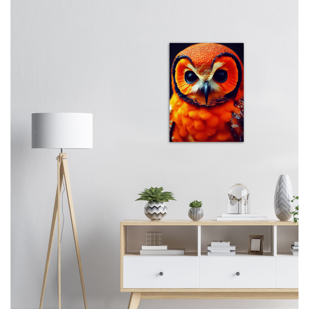 Poster in Museumsqualität - Fruit Owl No. 1 - "Orangina", the orange owl - Serie Fruit Owls - Schleiereulen - lat. Tytonidae - Fruchteulen - Vogel - Bird - Strigiformes - Noctua - Ornithologie - Kunstwerk - Acryldruck - Poster mit Rahmen - Poster mit Leisten - Bedruckte Tassen - Kunst Marke - Art Brand - Pixelboys - Kunstdruck - Acrylbild - Wandbild - Kunstdrucke - Papier: 250g/qm - Künstler: John Grayst & Pixelboys - Eulen - Owl-  - Atelier - England - London - Birmingham - Manchester - Leeds - Liverpool 