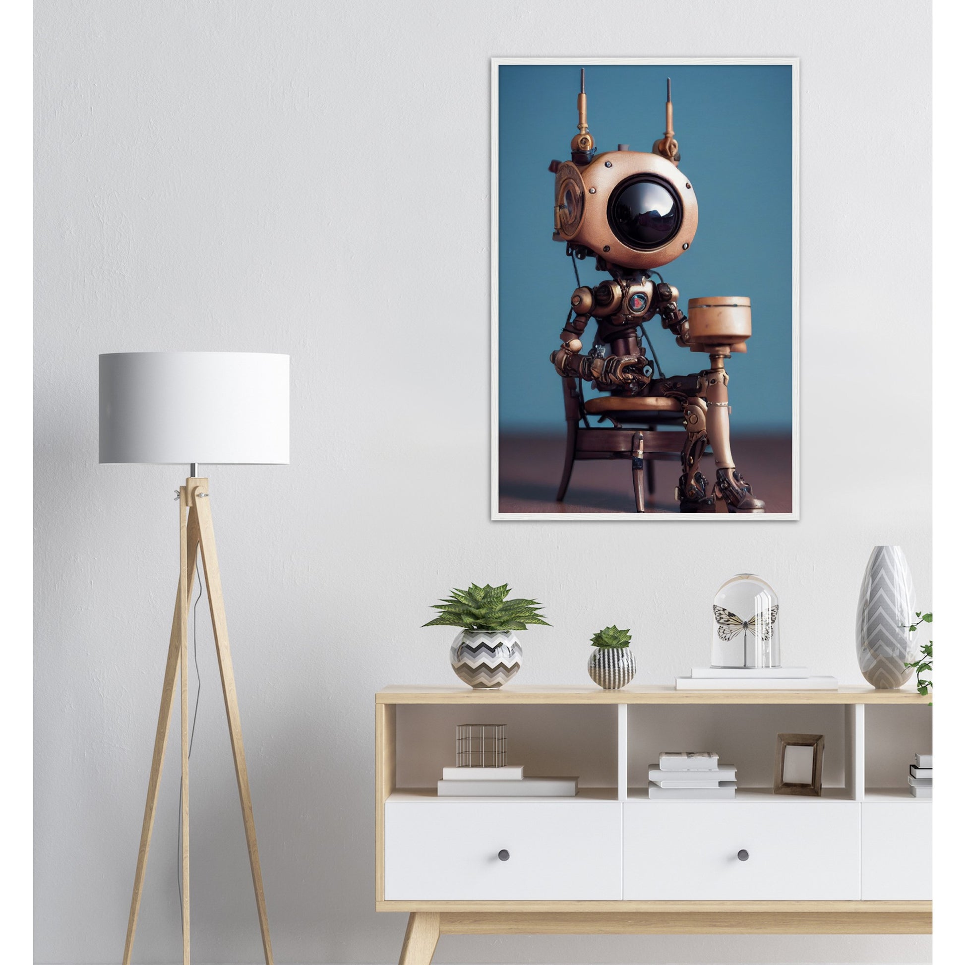 Poster mit Rahmen (Holz) in Museumsqualität - Tiny robot with a present - "Tiny Sam" - Wandbild - Customizable Coffee Cup - Personalized Gifts - Kunstdruck - Roboter mit Geschenk - Steampunk - Acryldruck - Present Robots - Personalized Gifts - Poster with frame - nr.5 lebt - zukunft - Kunstwerk - Office Poster - Poster mit Rahmen - Kaffee Tasse  - Bedruckte Tassen - Kunst Marke - Art Brand - Wandbild - Kunstdrucke - Künstler: John Grayst & Pixelboys - emotional robots - Geschenkidee - Wall Art -