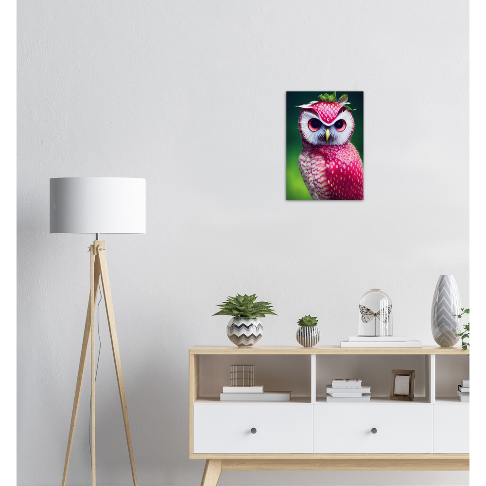 Poster in Museumsqualität - Fruit Owl No. 2 - "Berry", the Strawberry Owl - Serie Fruit Owls - Wandkunst - Kunstdruck - (fiktiv: lat.  Pulsatrix Fragaria) - Erdbeere - Schleiereulen - Fruchteulen - Vogel - Bird - Strigiformes - Noctua - Ornithologie - Kunstwerk  - Office Poster - Poster mit Rahmen - Kaffee Tasse - Poster mit Leisten - Bedruckte Tassen - Kunst Marke - Art Brand - Acrylbild - Wandbild - Kunstdrucke - Papier: 250g/qm - Künstler: John Grayst & Pixelboys - Eulen - Owl - Geschenkidee - 