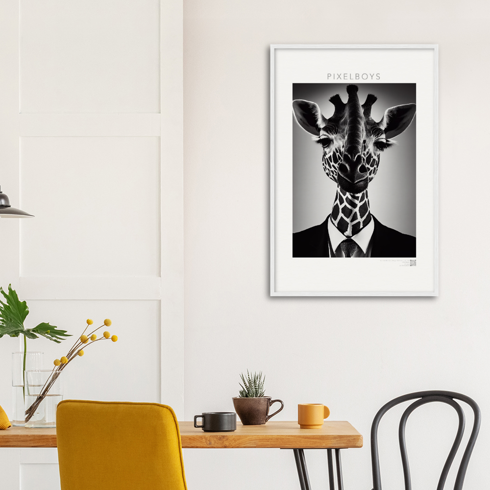 Poster mit Rahmen (Holz) - "The giraffe knows" - Business Animals No. 2 "Bridget" - Künstler: "John Grayst" Kunstdruck - Wandbild - Pixelboys - Atelier - Milano - Berlin - Munich - Madrid - New York - Dubai - Paris - Tokio - Rom - Lisbon - Ottawa - Bern Switzerland - Amsterdam - Seoul - Vancouver - Antwerpen -