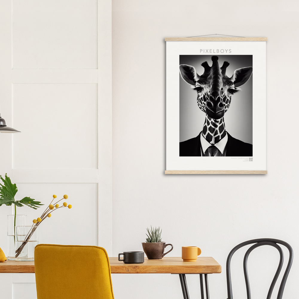 Poster mit Leisten (Holz) - "The giraffe knows" - Business Animals No. 2 "Bridget" - Künstler: "John Grayst" Kunstdruck - Wandbild - Poster - Pixelboys - Atelier - Milano - Berlin - Munich - Madrid - New York - Dubai - Paris - Tokio - Rom - Lisbon - Ottawa - Bern Switzerland - Amsterdam - Seoul - Vancouver - Antwerpen -