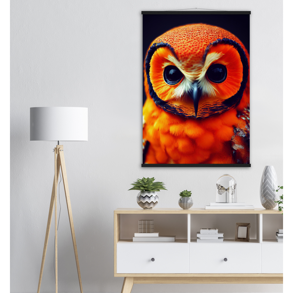 Poster mit Leisten (Holz) - Fruit Owl No. 1 - "Orangina", the orange owl - Serie Fruit Owls - Schleiereulen - lat. Tytonidae - Fruchteulen - Vogel - Bird - Strigiformes - Noctua - Ornithologie - Kunstwerk - Acryldruck - Poster mit Rahmen - Poster mit Leisten - Bedruckte Tassen - Kunst Marke - Art Brand - Pixelboys - Kunstdruck - Acrylbild - Wandbild - Kunstdrucke - Papier: 250g/qm - Künstler: John Grayst & Pixelboys - Eulen - Owl-  - Atelier - England - London - Birmingham - Manchester - Leeds - Liverpool  