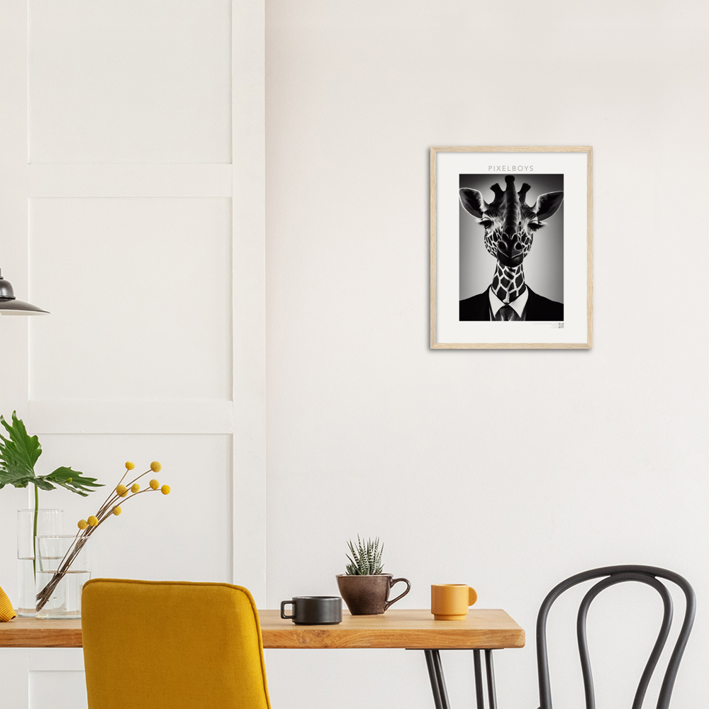 Poster mit Rahmen (Holz) - "The giraffe knows" - Business Animals No. 2 "Bridget" - Künstler: "John Grayst" Kunstdruck - Wandbild - Pixelboys - Atelier - Milano - Berlin - Munich - Madrid - New York - Dubai - Paris - Tokio - Rom - Lisbon - Ottawa - Bern Switzerland - Amsterdam - Seoul - Vancouver - Antwerpen -