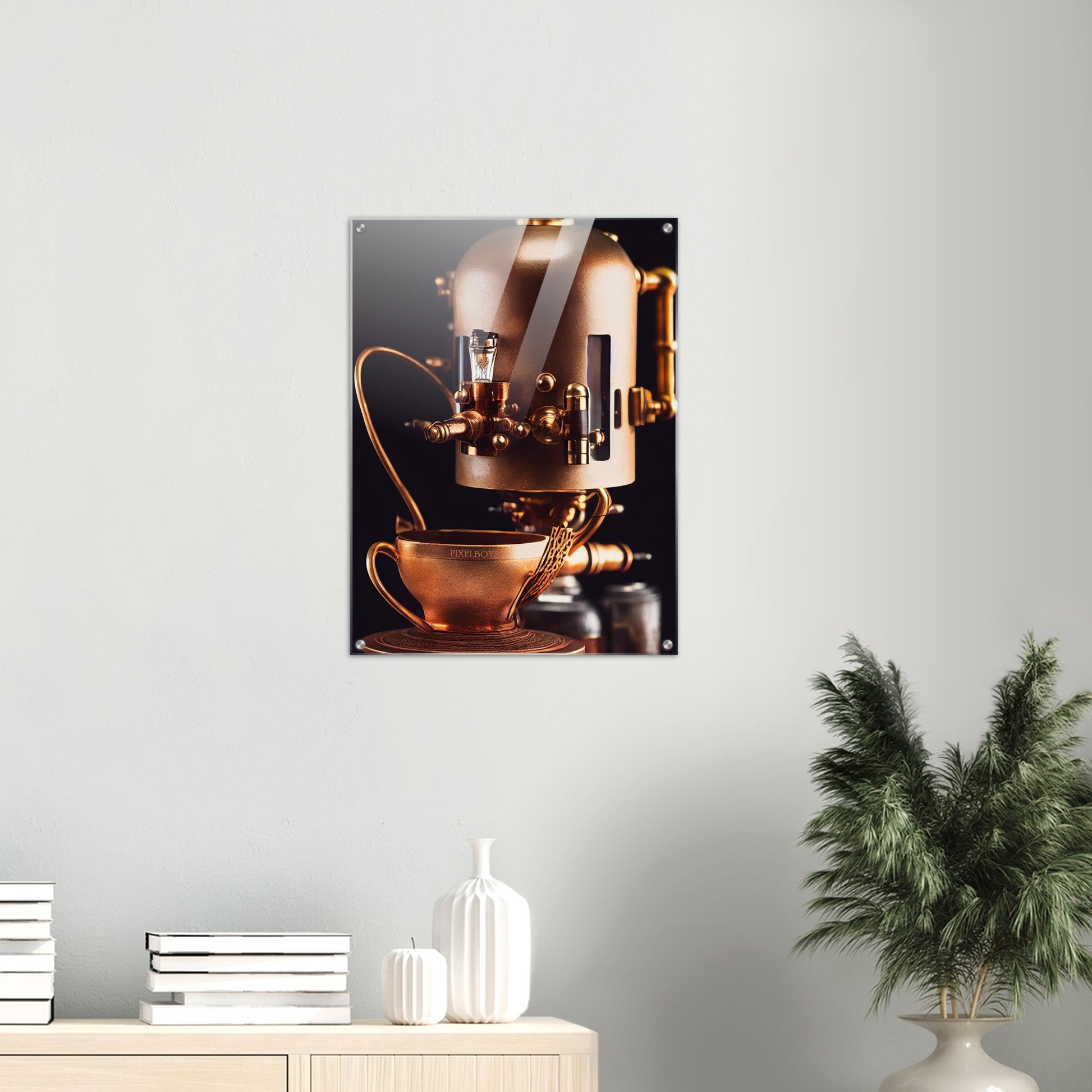 Acrylbild auf Glas - Steampunk - Coffee Maker - No.7 - Collection Cup - Pixelboys - Wandbild - Kunstwerk - Hotelkunst - Kunst auf Postern - Fine Art - Steampunk - Future - Maschine - Poster with frame - Office Poster - Art Brand - Pixelboys - Coffee House - Restaurant Poster - Wall Art - Kunstdruck - Geschenkidee - Kunst auf Acrylglas - Future Coffee Cup - Personalisierbare Tasse - Gastro Tasse - exklusiv - Acryldruck - Gastronomie Poster - Hotelposter - Teestube - Steam Punk Kitchen -   