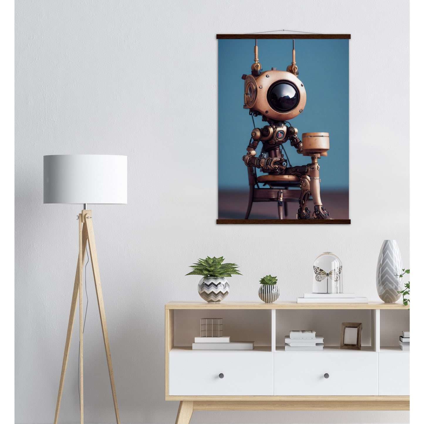 Poster mit Leisten (Holz) in Museumsqualität - Tiny robot with a present - "Tiny Sam" - Wandbild - Customizable Coffee Cup - Personalized Gifts - Kunstdruck - Roboter mit Geschenk - Steampunk - Acryldruck - Present Robots - Personalized Gifts - Poster with frame - nr.5 lebt - zukunft - Kunstwerk - Office Poster - Poster mit Rahmen - Kaffee Tasse  - Bedruckte Tassen - Kunst Marke - Art Brand - Wandbild - Kunstdrucke - Künstler: John Grayst & Pixelboys - emotional robots - Geschenkidee - Wall Art -