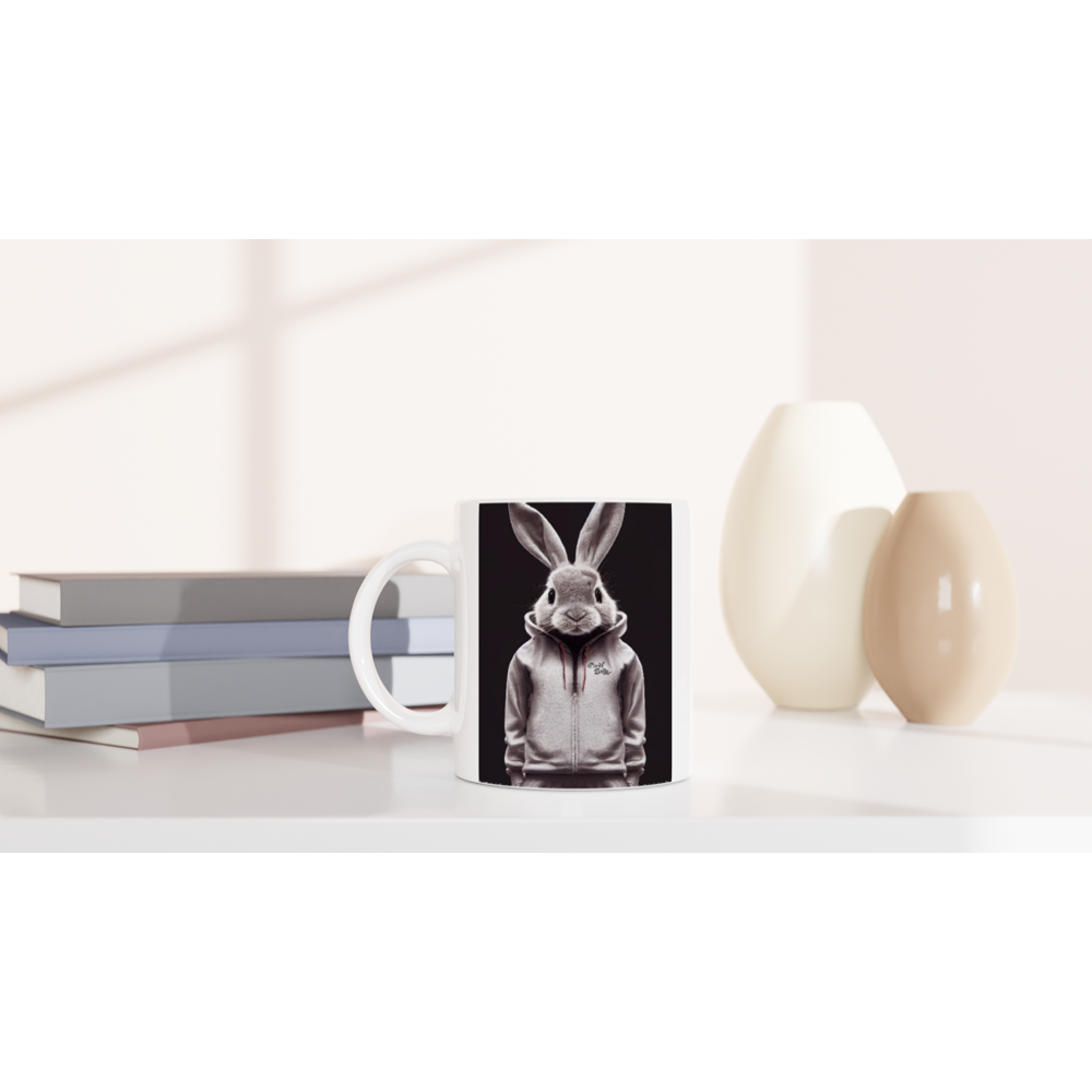 Personalisierte Tasse - Bunny in grey tracksuit - Fashion Gang - Tee Becher - Ostern - Geschenkidee - Osterhase - Bunny Crew: "Valerian" - "Caesar" - "Constantin" - "Cleo"-Titus - Weisser Hase - Easter Bunny - Cute - grey tracksuit - sweats - Alice's Adventures in Wonderland - Modemarke - Pixelboys Brand - Valerian der Hase - Kaninchen  - Künstler: "Pixelboys" - Atelier - Germany - Berlin - Hamburg - Colgne - France - Paris - Italy - Rom - USA - America - New York City - Los Angeles - Chicago - 