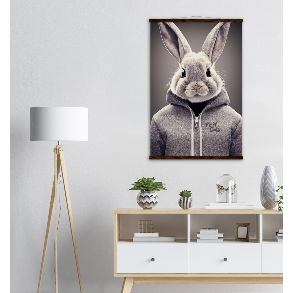 Poster mit Leisten (Holz) - Bunny in grey Hoodie - "Constantin" - Fashion Gang - Wandbild - Ostern - Geschenkidee - Osterhase - Bunny Crew: "Constantin" - "Caesar" - "Titus" - "Cleo" - Weisser Hase - Easter Bunny - Cute - grey Hoodie - sweats - Alice's Adventures in Wonderland - Modemarke - Pixelboys Brand - Constantin der Hase - Hase - Kaninchen  - Künstler: "Pixelboys" - Atelier - Germany - Berlin - Hamburg - Colgne - France - Paris - Italy - Rom - USA - America - New York City - Los Angeles - Chicago - 