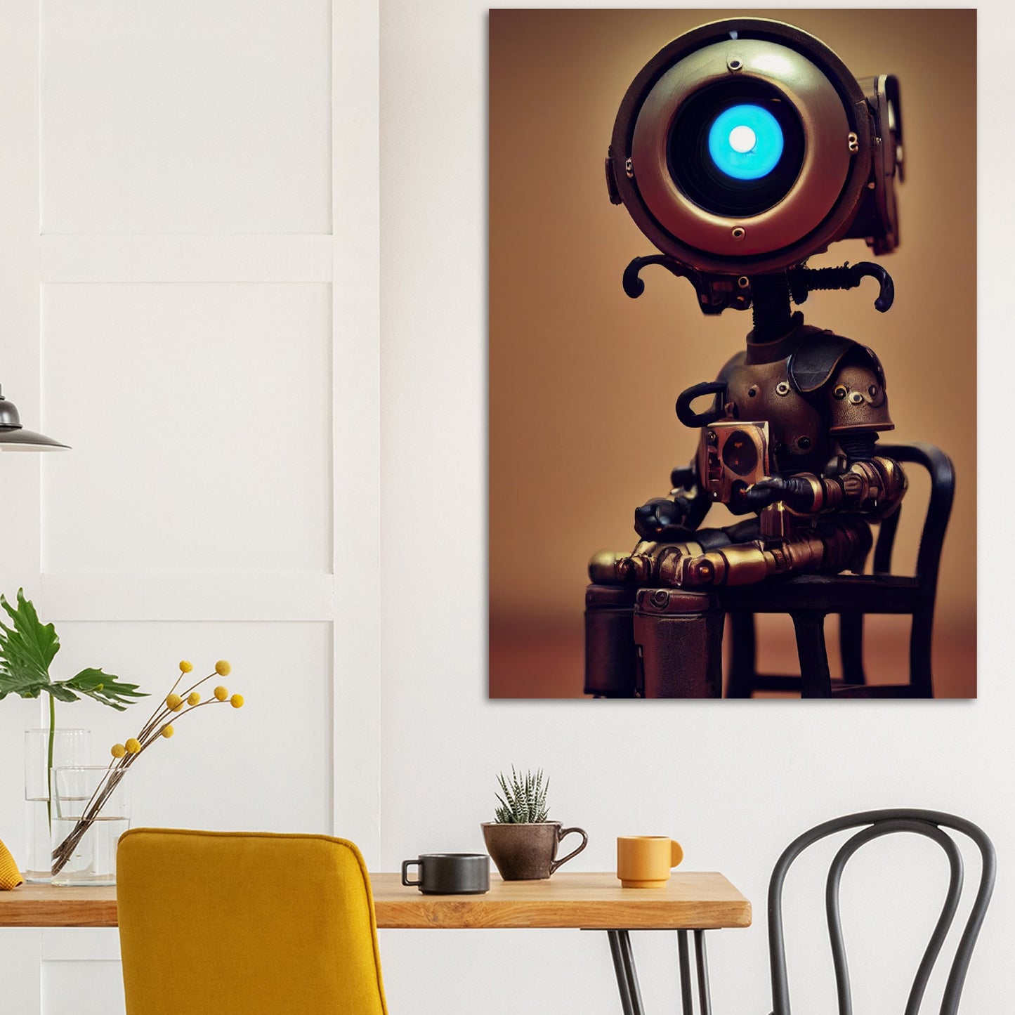 Poster in Museumsqualität -  Tiny robot with coffee - "Bobby" - Wandkunst - Papierdicke: 250g/qm - Customizable Coffee Cup - Personalized Gifts - Kunstdruck - Kleine Roboter - Steampunk - Acryldruck - Little Robots - Personalized Gifts - Tiny  - Steampunk - zukunft - Poster with frame - Kunstwerk - Office Poster - Poster mit Rahmen - Kaffee Tasse - Poster - Bedruckte Tassen - Kunst Marke - Art Brand - Wandbild - Kunstdrucke - Künstler: John Grayst & Pixelboys - emotional robots - Geschenkidee -