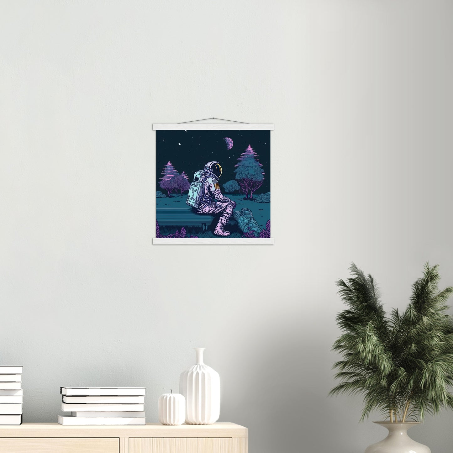 Poster mit Leisten (Holz) - in Museumsqualität - Stargazing Astronaut - John - Illustration - Astronaut - Parkbank - Rocketman - Posterleisten - USA - Fineart - Posterrahmen  - Wandkunst - Holzrahmen - Poster with frame - artwork - art brand - printed cup personalized - Holzleisten - pixelboys - Kunstdrucke - wandbilder - wall art - Kunst auf Tassen  - Office Poster - Gastrotassen - Wanddekoration - Acrylkunst - Geschenkidee - Office Poster - Acryldruck - Abstrakte Kunst -