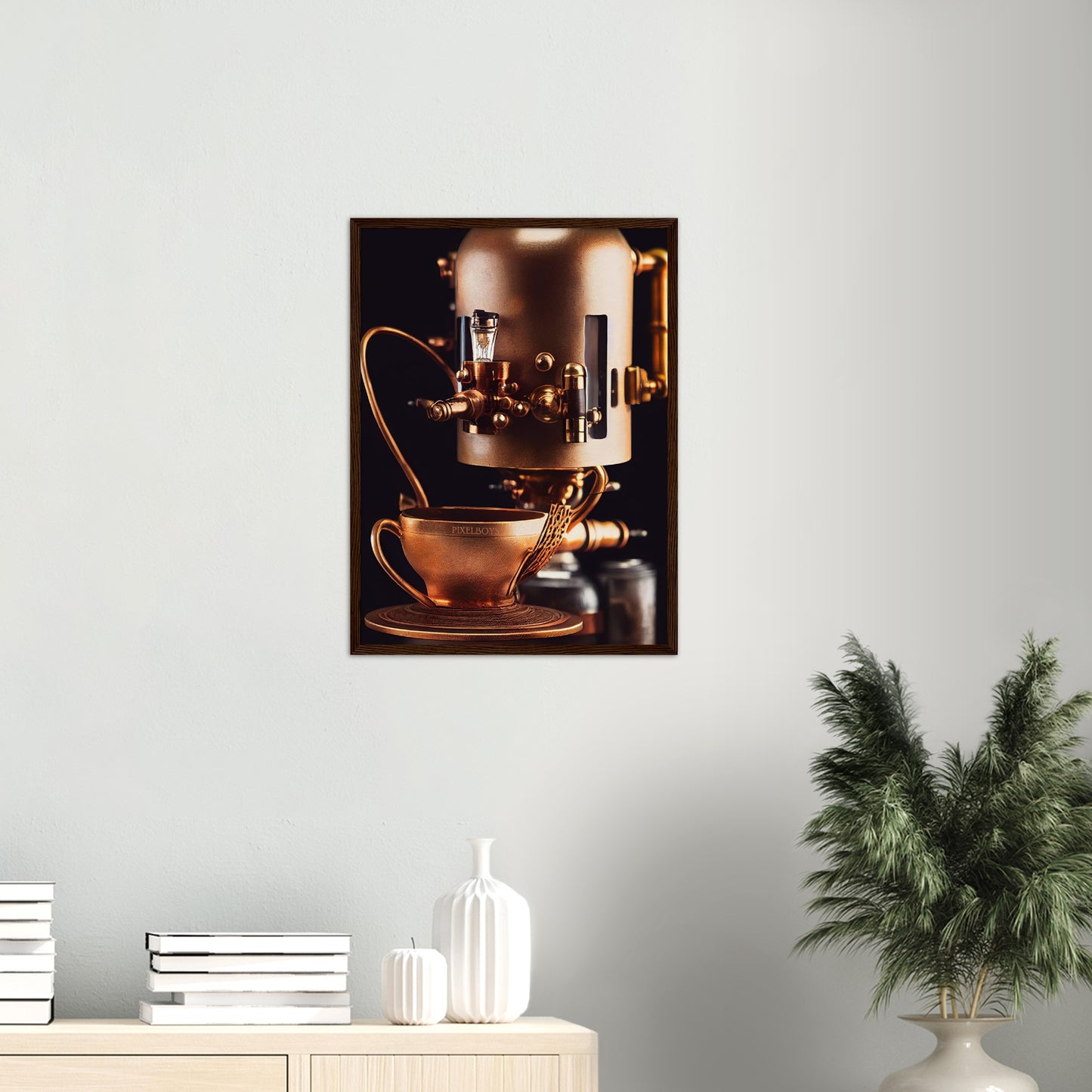 Poster mit Rahmen (Holz) - Steampunk - Coffee Maker - No.7 - Collection Cup - Pixelboys - Wandbild - Kunstwerk - Hotelkunst - Kunst auf Postern - Fine Art - Steampunk - Future - Maschine - Poster with frame - Office Poster - Art Brand - Pixelboys - Coffee House - Restaurant Poster - Wall Art - Kunstdruck - Geschenkidee - Kunst auf Acrylglas - Future Coffee Cup - Personalisierbare Tasse - Gastro Tasse - exklusiv - Acryldruck - Gastronomie Poster - Hotelposter - Teestube - Steam Punk Kitchen -   