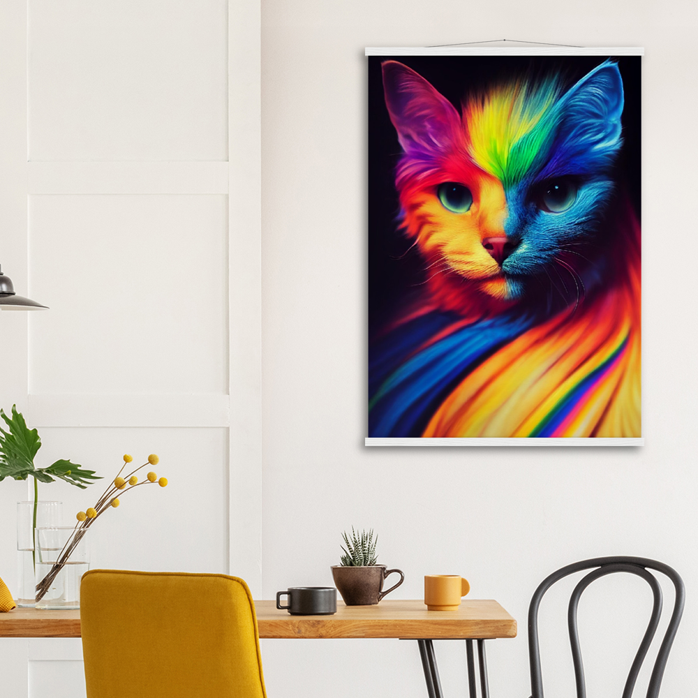 Poster Set mit Leisten aus Holz - Farbenfrohe Regenbogen Katze "Kitty" - Pride Bewegung Maskottchen -