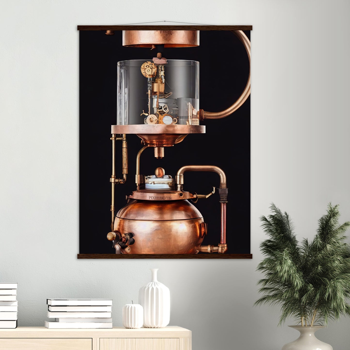 Poster mit Leisten (Holz) - Steampunk - Coffee Maker - No.6 - Collection Cup - Pixelboys - Wandbild - Kunstwerk - Hotelkunst - Kunst auf Postern - Fine Art - Steampunk - Future - Maschine - Poster with frame - Office Poster - Art Brand - Pixelboys - Coffee House - Restaurant Poster - Wall Art - Kunstdruck - Geschenkidee - Kunst auf Acrylglas - Future Coffee Cup - Personalisierbare Tasse - Gastro Tasse - exklusiv - Acryldruck - Gastronomie Poster - Hotelposter - Teestube - Steam Punk Kitchen -   