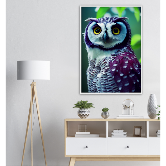 Poster mit Rahmen (Holz) - Fruit Owl No.5 - "Sini", the bluberry owl - Wandkunst - Kunstdruck - Heidelbeereule - (lat. bubo vaccinium) - Teebecher - Heidelbeere Eule - Fruchteulen - blueberry owl- Vogel - Uhu - Bird - Strigiformes - Noctua - Ornithologie - Kunstwerk  - Office Poster - Poster mit Rahmen - Kaffee Tasse - Poster mit Leisten - Bedruckte Tassen - Kunst Marke - Art Brand - Acryldruck - Wandbild - Kunstdrucke - Papier: 250g/qm - Künstler: John Grayst & Pixelboys - Eulen - Owl - Geschenkidee - 