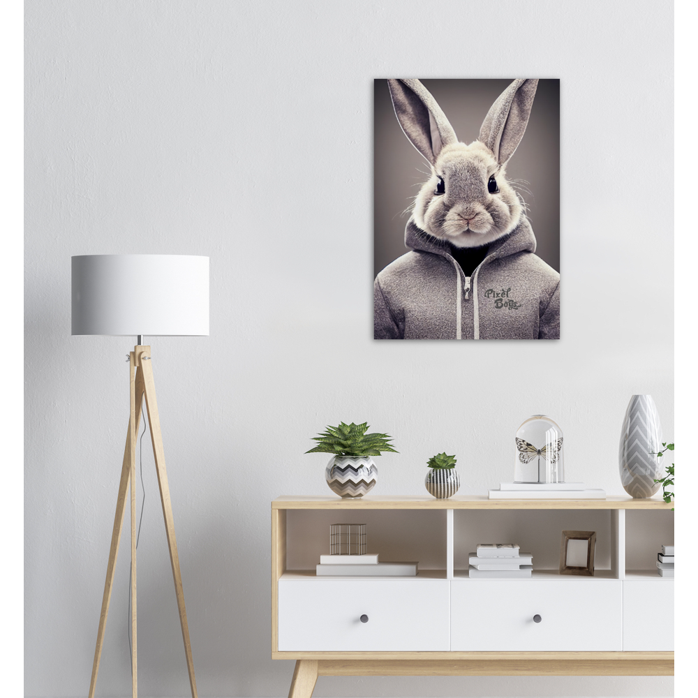 Poster in Museumsqualität - Bunny in grey Hoodie - "Constantin" - Fashion Gang - Wandbild - Ostern - Geschenkidee - Osterhase - Bunny Crew: "Constantin" - "Caesar" - "Titus" - "Cleo" - Weisser Hase - Easter Bunny - Cute - grey Hoodie - sweats - Alice's Adventures in Wonderland - Modemarke - Pixelboys Brand - Constantin der Hase - Hase - Kaninchen  - Künstler: "Pixelboys" - Atelier - Germany - Berlin - Hamburg - Colgne - France - Paris - Italy - Rom - USA - America - New York City - Los Angeles - Chicago - 