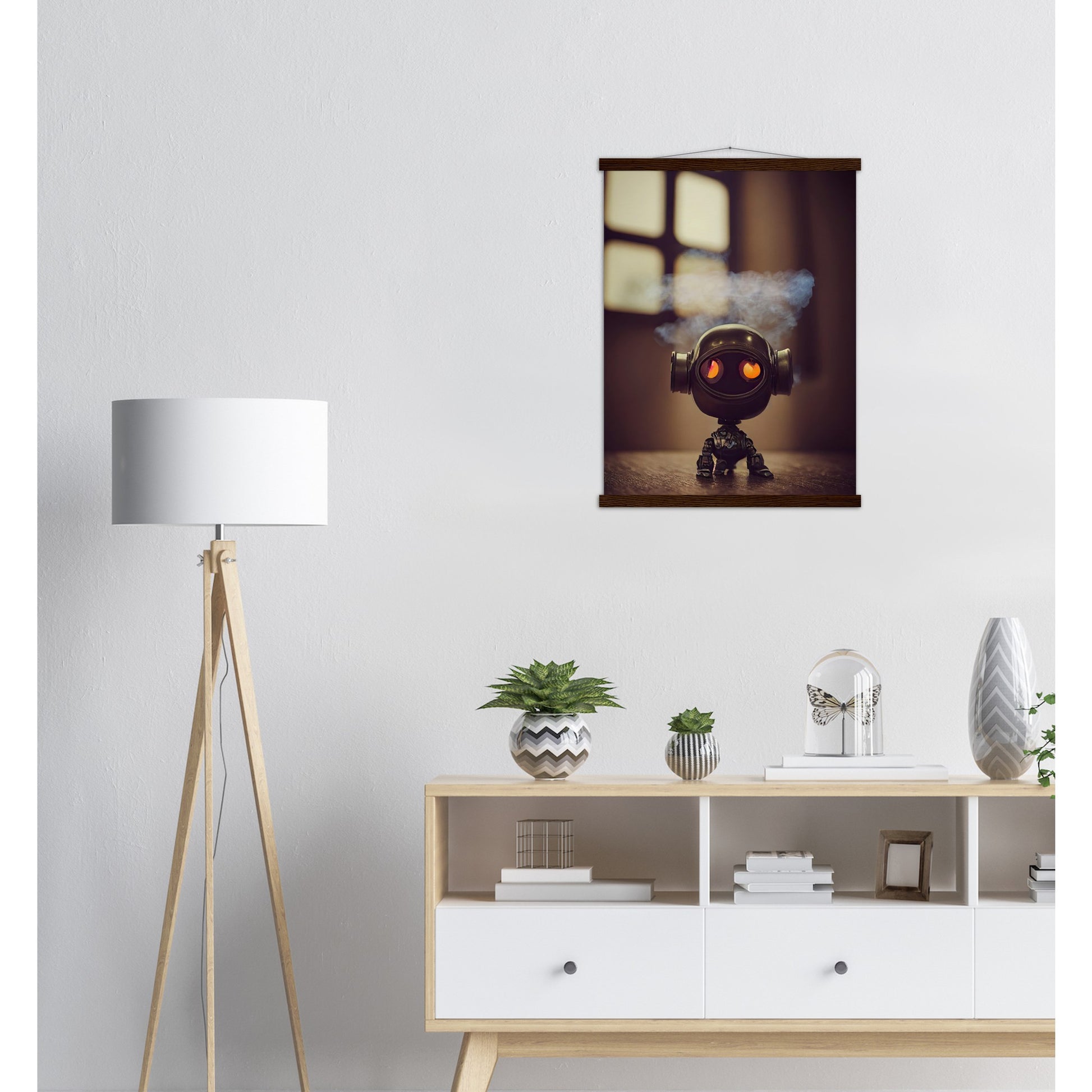 Poster mit Leisten (Holz) in Museumsqualität - Tiny robot - with smoke around his head - "Tiny Tim" - Wandbild - Customizable Coffee Cup - Personalized Gifts - Kunstdruck - Rauchender Roboter - Steampunk - Acryldruck - Smoking Robots - Personalized Gifts - Poster with frame - Wall Art - - zukunft - Kunstwerk - Office Poster - Poster mit Rahmen - Kaffee Tasse  - Bedruckte Tassen - Kunst Marke - Art Brand - Wandbild - Kunstdrucke - Künstler: John Grayst & Pixelboys - emotional robots - Geschenkidee 