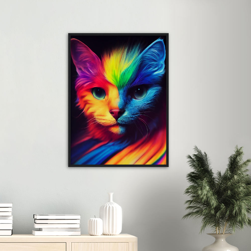 Poster mit Rahmen - Farbenfrohe Regenbogen Katze "Kitty" Poster Set mit Holzrahmen - In vielen verschiedenen Größen - auch in XXL verfügbar!