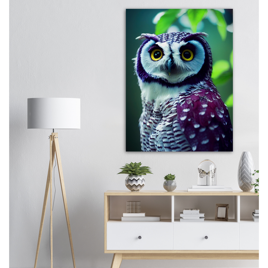 Poster in Museumsqualität - Fruit Owl No.5 - "Sini", the bluberry owl - Wandkunst - Kunstdruck - Heidelbeereule - (lat. bubo vaccinium) - Teebecher - Heidelbeere Eule - Fruchteulen - blueberry owl- Vogel - Uhu - Bird - Strigiformes - Noctua - Ornithologie - Kunstwerk  - Office Poster - Poster mit Rahmen - Kaffee Tasse - Poster mit Leisten - Bedruckte Tassen - Kunst Marke - Art Brand - Acryldruck - Wandbild - Kunstdrucke - Papier: 250g/qm - Künstler: John Grayst & Pixelboys - Eulen - Owl - Geschenkidee - 