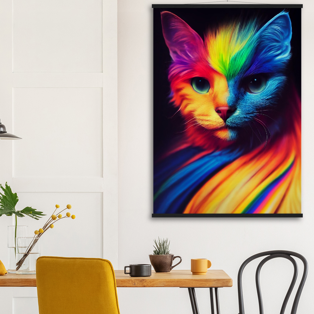 Poster Set mit Leisten aus Holz - Farbenfrohe Regenbogen Katze "Kitty" - Pride Bewegung Maskottchen -