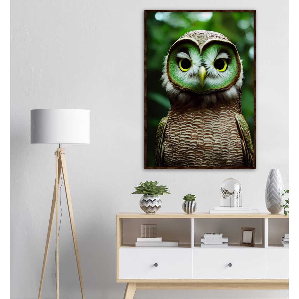 Poster mit Rahmen - Fruit Owl No. 4 - "Kiki", the Kiwi Owl - Wandkunst - Kunstdruck - (lat. tyto actinidia) - Kiwi Eule - Kiwi Owl - Fruchteulen - Vogel - Bird - Strigiformes - Noctua - Ornithologie - Kunstwerk  - Office Poster - Poster mit Rahmen - Kaffee Tasse - Poster mit Leisten - Bedruckte Tassen - Kunst Marke - Art Brand - Acryldruck - Wandbild - Kunstdrucke - Papier: 250g/qm - Künstler: John Grayst & Pixelboys - Eulen - Owl - Geschenkidee - 