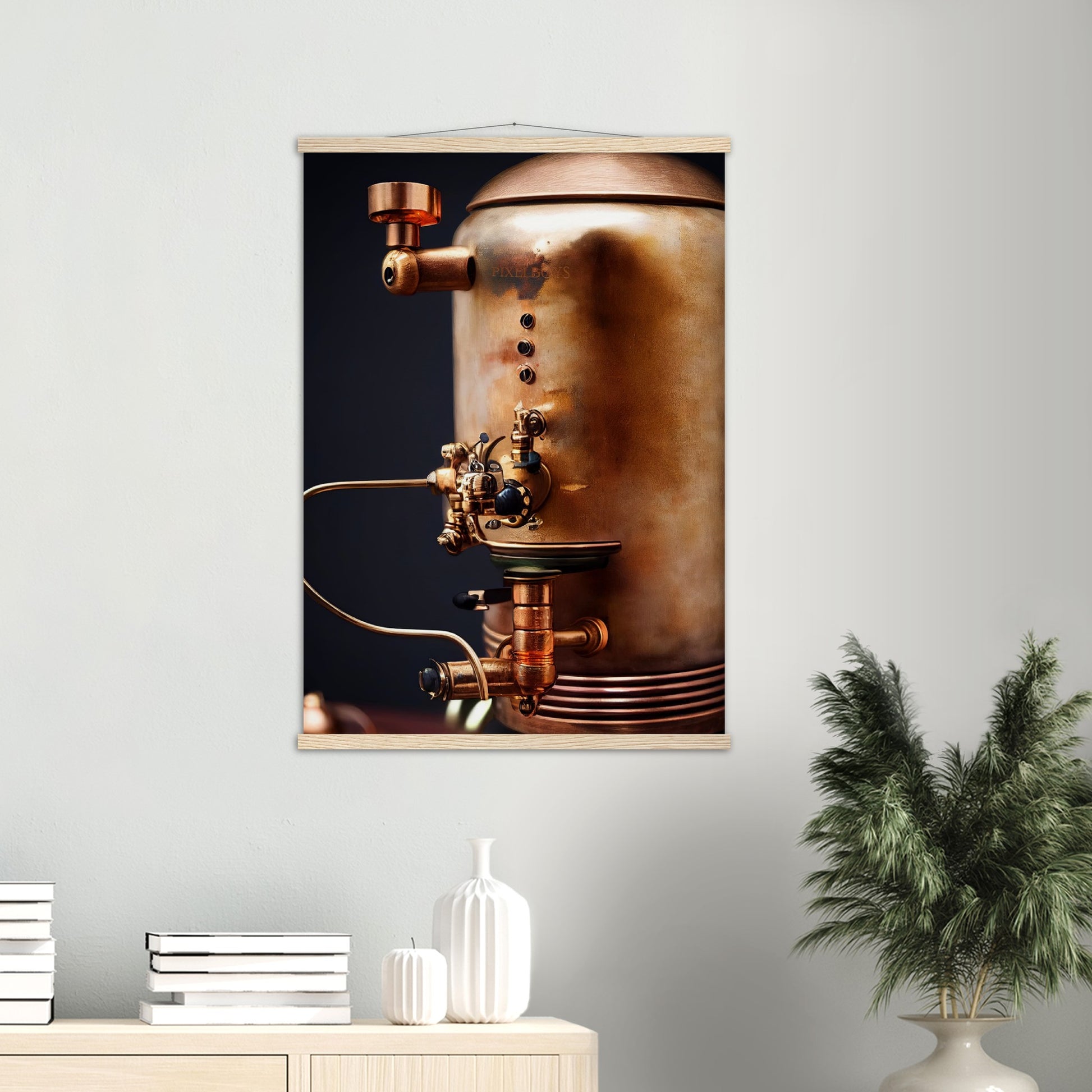 Poster mit Leisten (Holz) - Steampunk - Coffee Maker - No.5 - Collection Cup - Pixelboys - Wandbild - Kunstwerk - Hotelkunst - Kunst auf Postern - Fine Art - Steampunk - Future - Maschine - Poster with frame - Office Poster - Art Brand - Pixelboys - Coffee House - Restaurant Poster - Wall Art - Kunstdruck - Geschenkidee - Kunst auf Acrylglas - Future Coffee Cup - Personalisierbare Tasse - Gastro Tasse - exklusiv - Acryldruck - Gastronomie Poster - Hotelposter - Steam Punk Kitchen -   