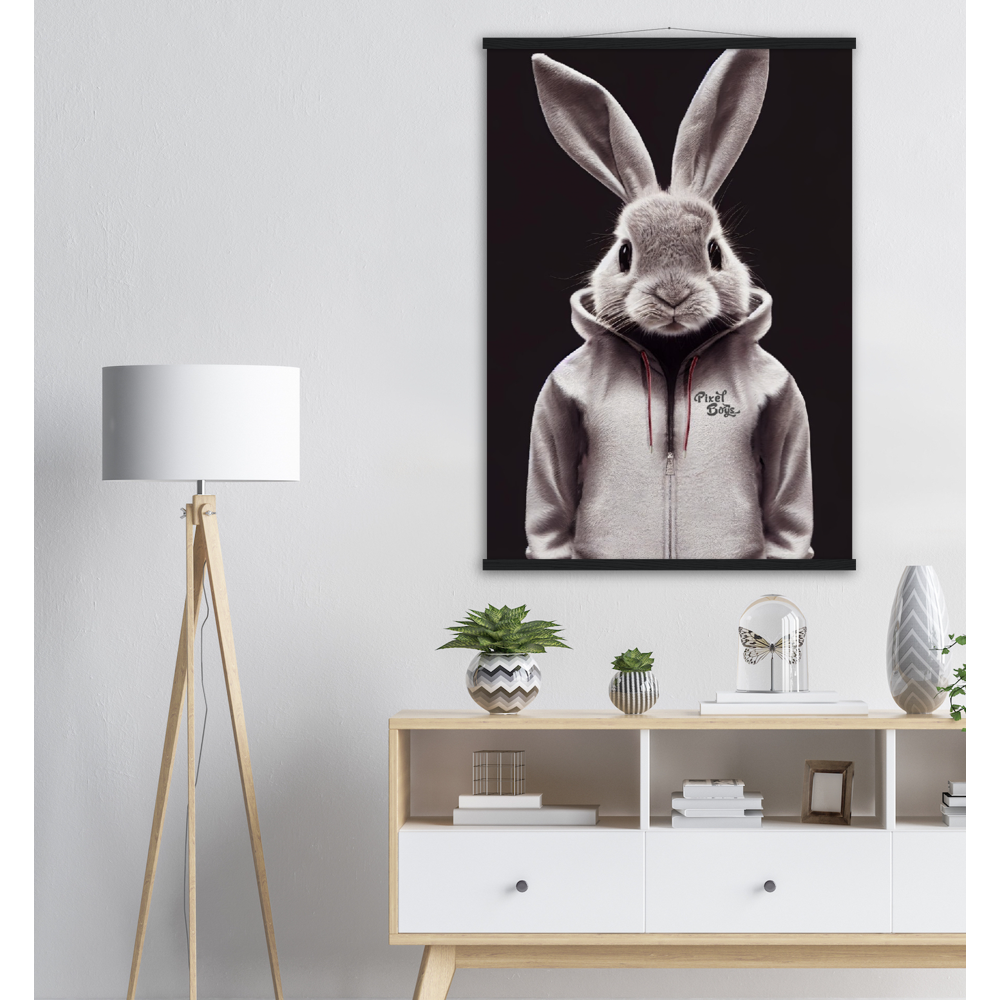 Poster mit Leisten (Holz) - Bunny in grey tracksuit - Fashion Gang - Wandbild - Ostern - Geschenkidee - Osterhase - Bunny Crew: "Valerian" - "Caesar" - "Constantin" - "Cleo"-Titus - Weisser Hase - Easter Bunny - Cute - grey tracksuit - sweats - Alice's Adventures in Wonderland - Modemarke - Pixelboys Brand - Valerian der Hase - Kaninchen  - Künstler: "Pixelboys" - Atelier - Germany - Berlin - Hamburg - Colgne - France - Paris - Italy - Rom - USA - America - New York City - Los Angeles - Chicago - 