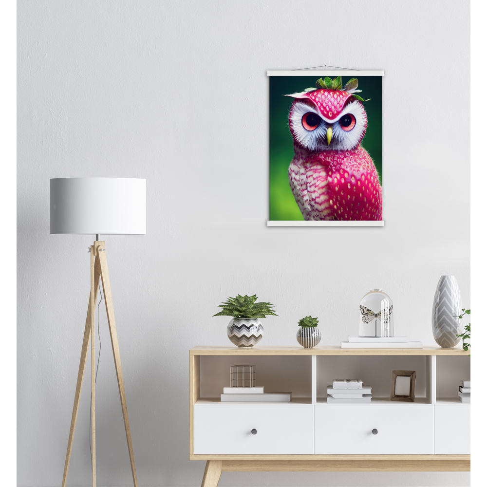 Poster mit Leisten (Holz) - Fruit Owl No. 2 - "Berry", the Strawberry Owl - Serie Fruit Owls - Wandkunst - Kunstdruck - (fiktiv: lat.  Pulsatrix Fragaria) - Erdbeere - Schleiereulen - Fruchteulen - Vogel - Bird - Strigiformes - Noctua - Ornithologie - Kunstwerk  - Office Poster - Poster mit Rahmen - Kaffee Tasse - Poster mit Leisten - Bedruckte Tassen - Kunst Marke - Art Brand - Acrylbild - Wandbild - Kunstdrucke - Papier: 250g/qm - Künstler: John Grayst & Pixelboys - Eulen - Owl - Geschenkidee - 