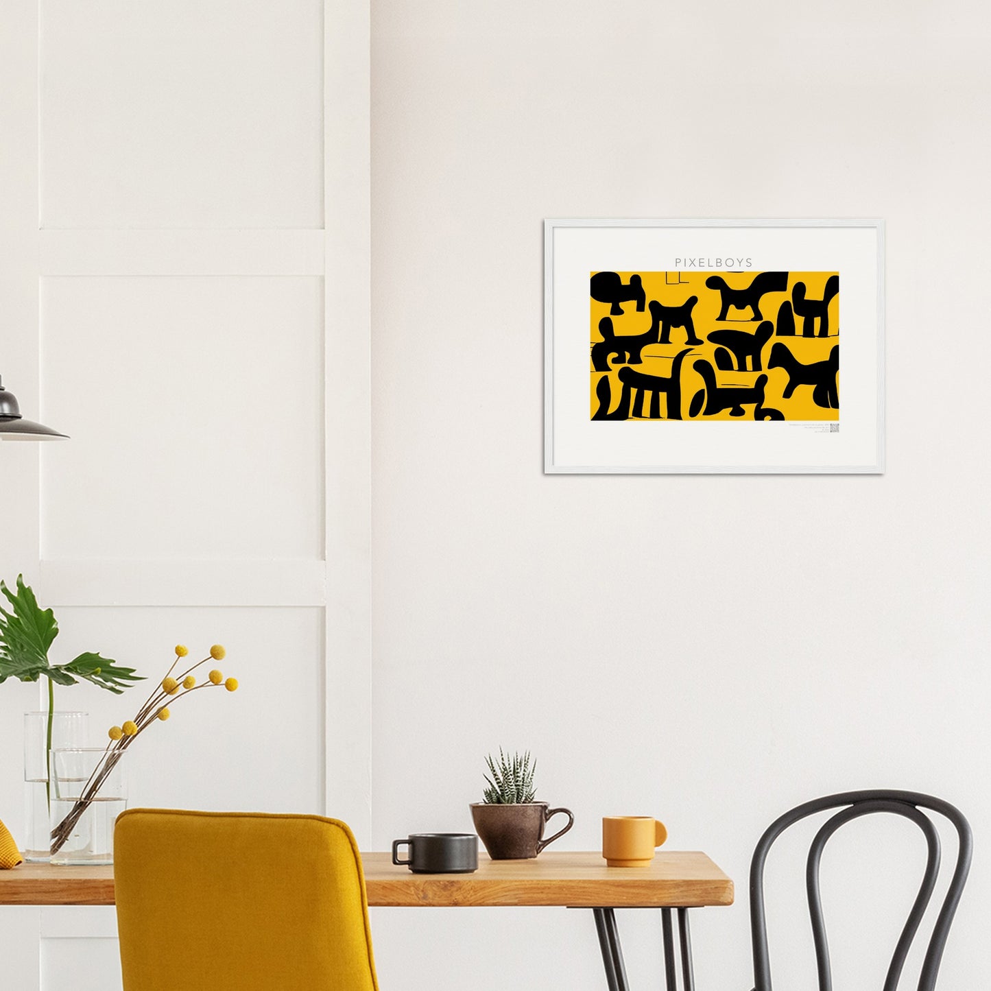 Poster mit Rahmen (Holz) - Doodlemania "weird animals on yellow" - No.3 - bedruckte Tasse-  gelb - Cup - Hunde - Katzen - Doodle Kunst - dogs - Cats - gastro - Poster mit Rahmen - doodle artwork - Acrylbild - Kunstdruck - Wandbild - office Poster - Poster with frame -  Künstler: Pixelboys & The Unknown Artist Nb.517 - keith haring - Gastro Art - anti stress art - Art Brand - Kunstdruck - Gastro Tasse - 