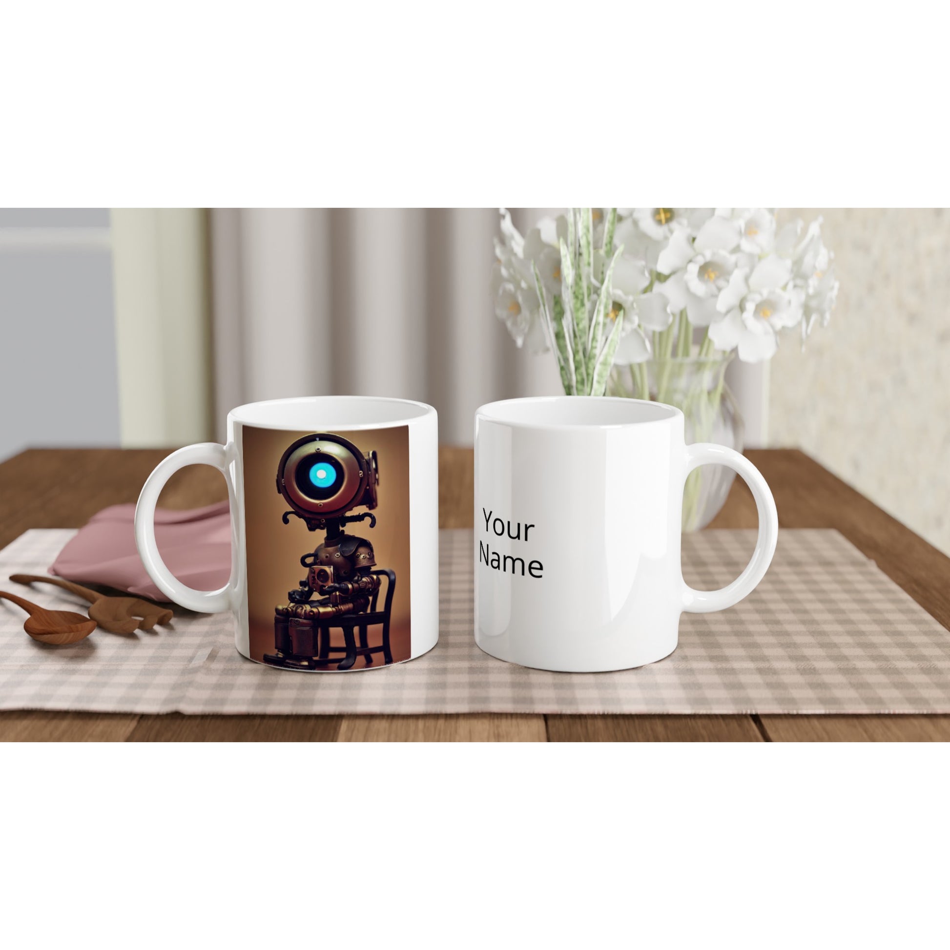 Personalisierte Tasse - Museumsqualität -  Tiny robot with coffee - "Bobby" - Acryldruck - Wandkunst - Customizable Coffee Cup - Personalized Gifts - Kunstdruck - Kleine Roboter - Acryldruck - Little Robots - Personalized Gifts - Tiny  - Steampunk - zukunft - Poster with frame - Kunstwerk - Office Poster - Poster mit Rahmen - Kaffee Tasse - Poster - Bedruckte Tassen - Kunst Marke - Art Brand - Kunstdrucke - Künstler: John Grayst & Pixelboys - emotional robots - Geschenkidee -