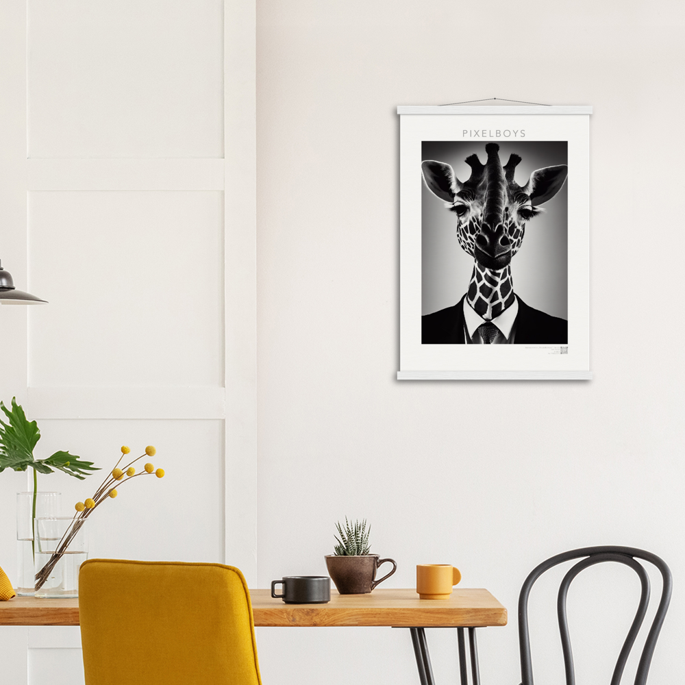 Poster mit Leisten (Holz) - "The giraffe knows" - Business Animals No. 2 "Bridget" - Künstler: "John Grayst" Kunstdruck - Wandbild - Poster - Pixelboys - Atelier - Milano - Berlin - Munich - Madrid - New York - Dubai - Paris - Tokio - Rom - Lisbon - Ottawa - Bern Switzerland - Amsterdam - Seoul - Vancouver - Antwerpen -